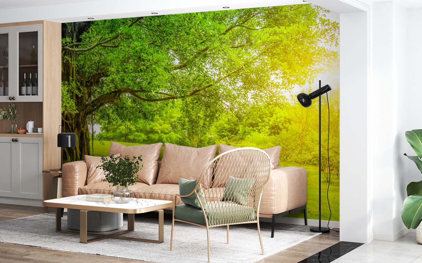 Papier peint clairière lumineuse, éclairée par le soleil et reconnaissable à sa couleur verte