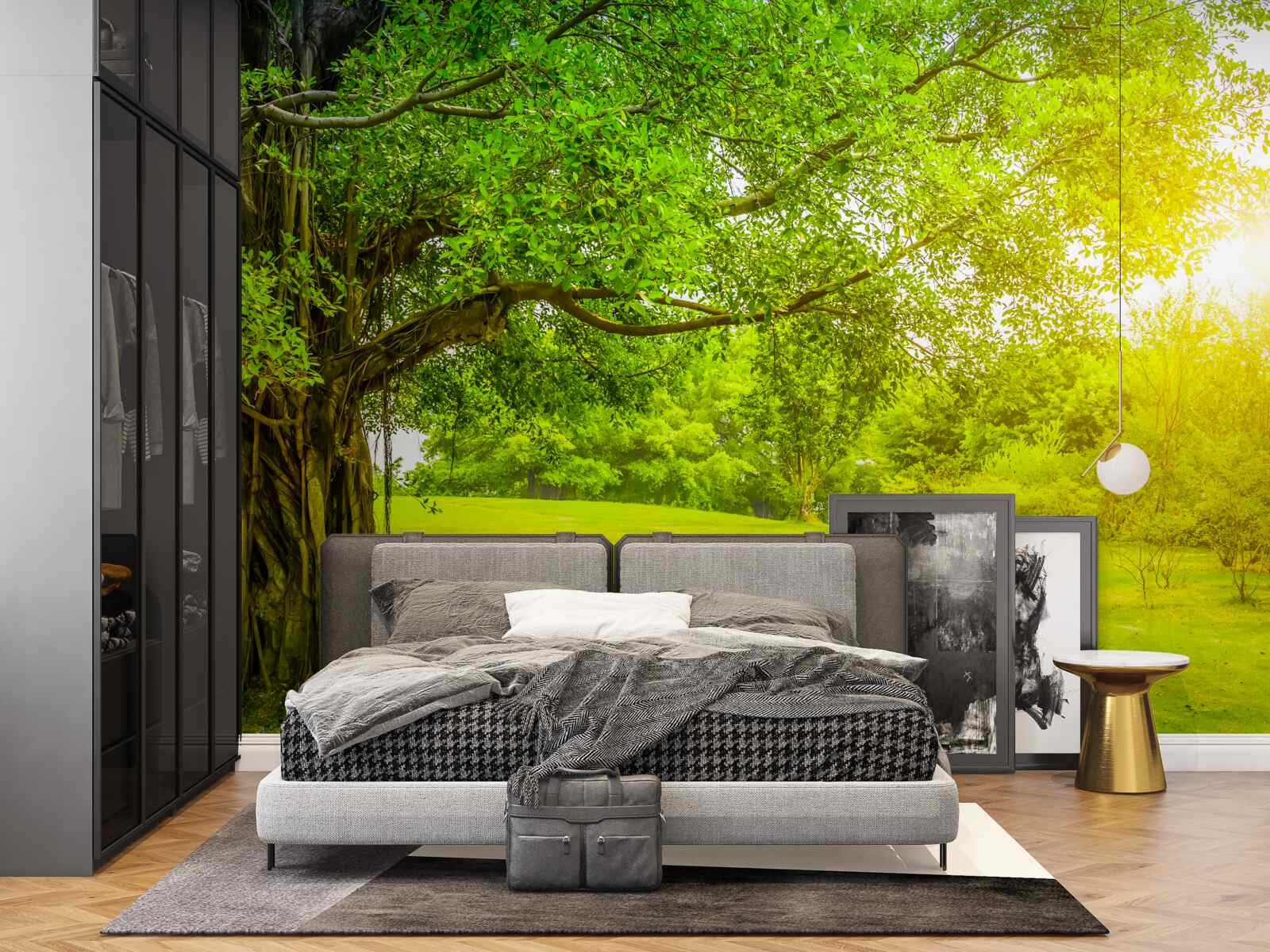 Papier peint clairière lumineuse, éclairée par le soleil et reconnaissable à sa couleur verte