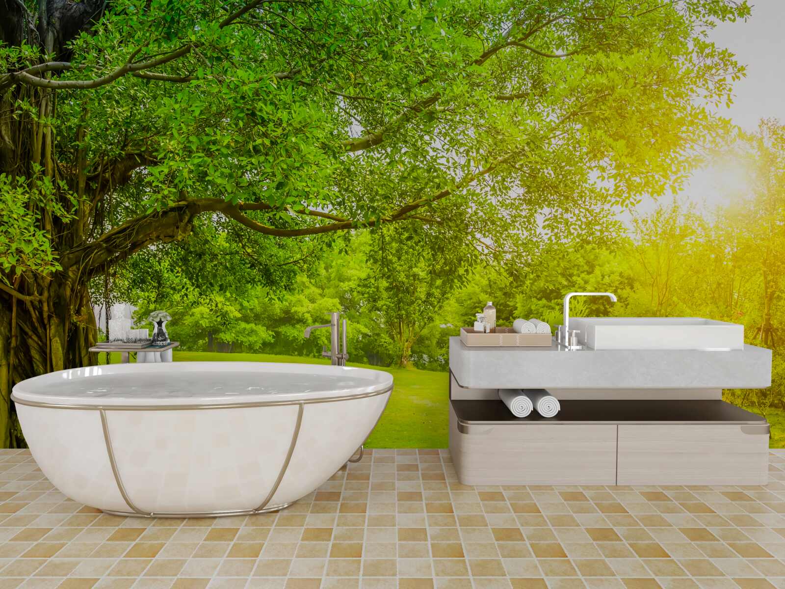 Papier peint clairière lumineuse, éclairée par le soleil et reconnaissable à sa couleur verte