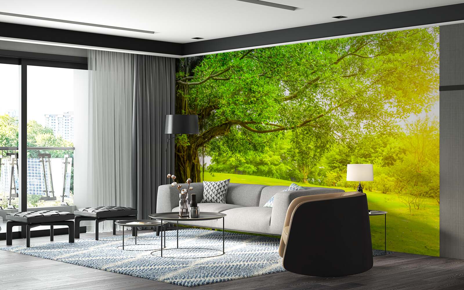 Papier peint clairière lumineuse, éclairée par le soleil et reconnaissable à sa couleur verte