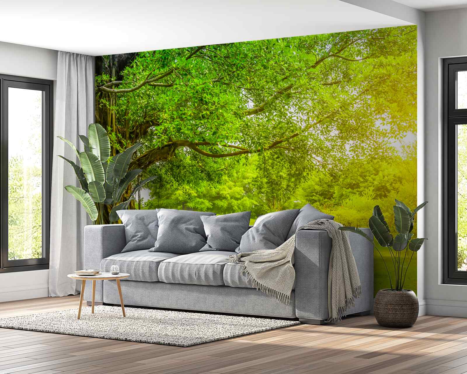 Papier peint clairière lumineuse, éclairée par le soleil et reconnaissable à sa couleur verte