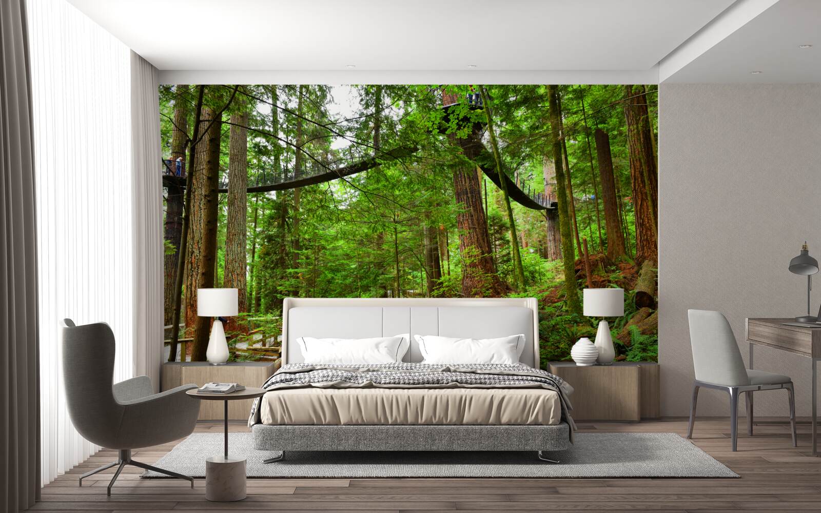 Papier peint pont touristique suspendu entouré de forêts