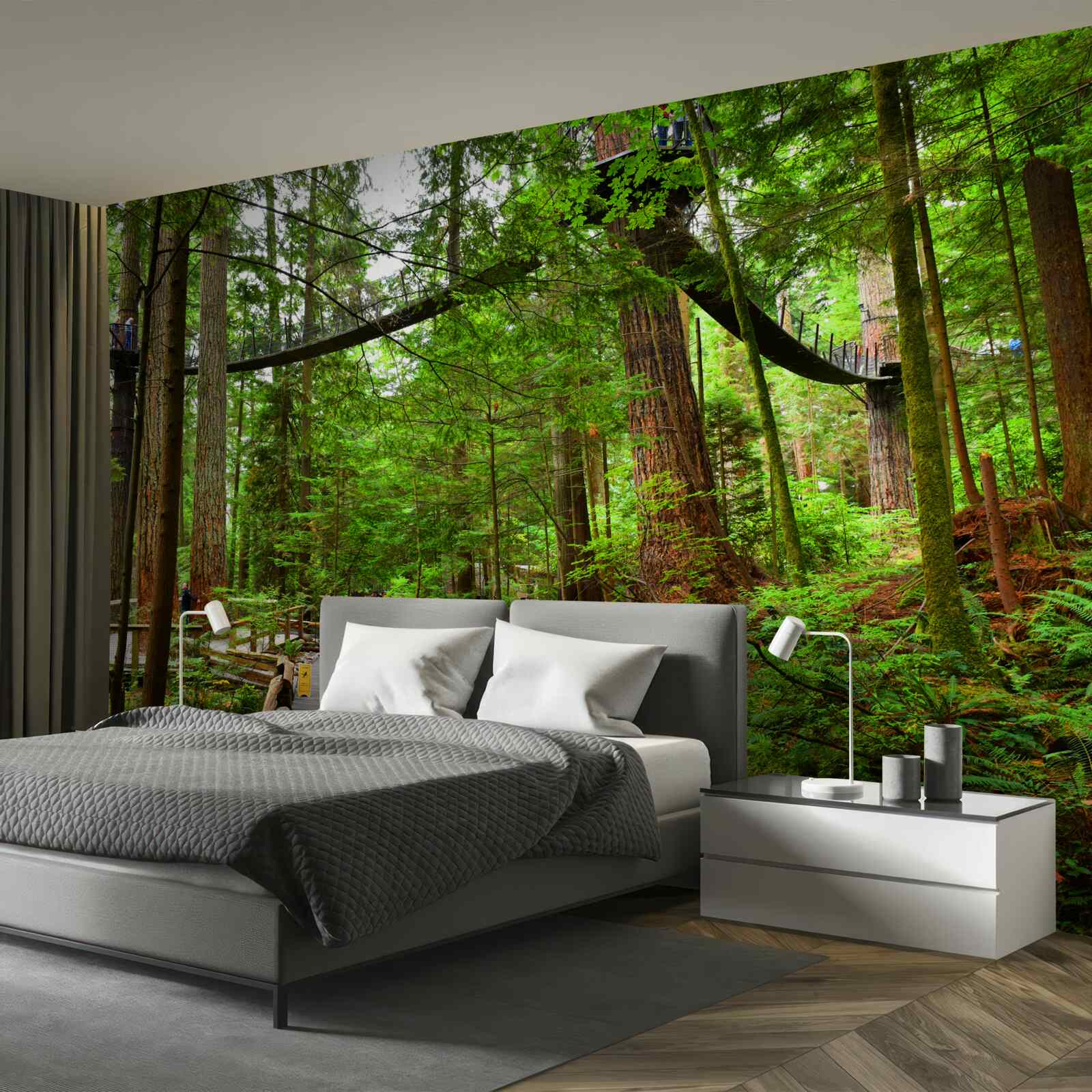 Papier peint pont touristique suspendu entouré de forêts