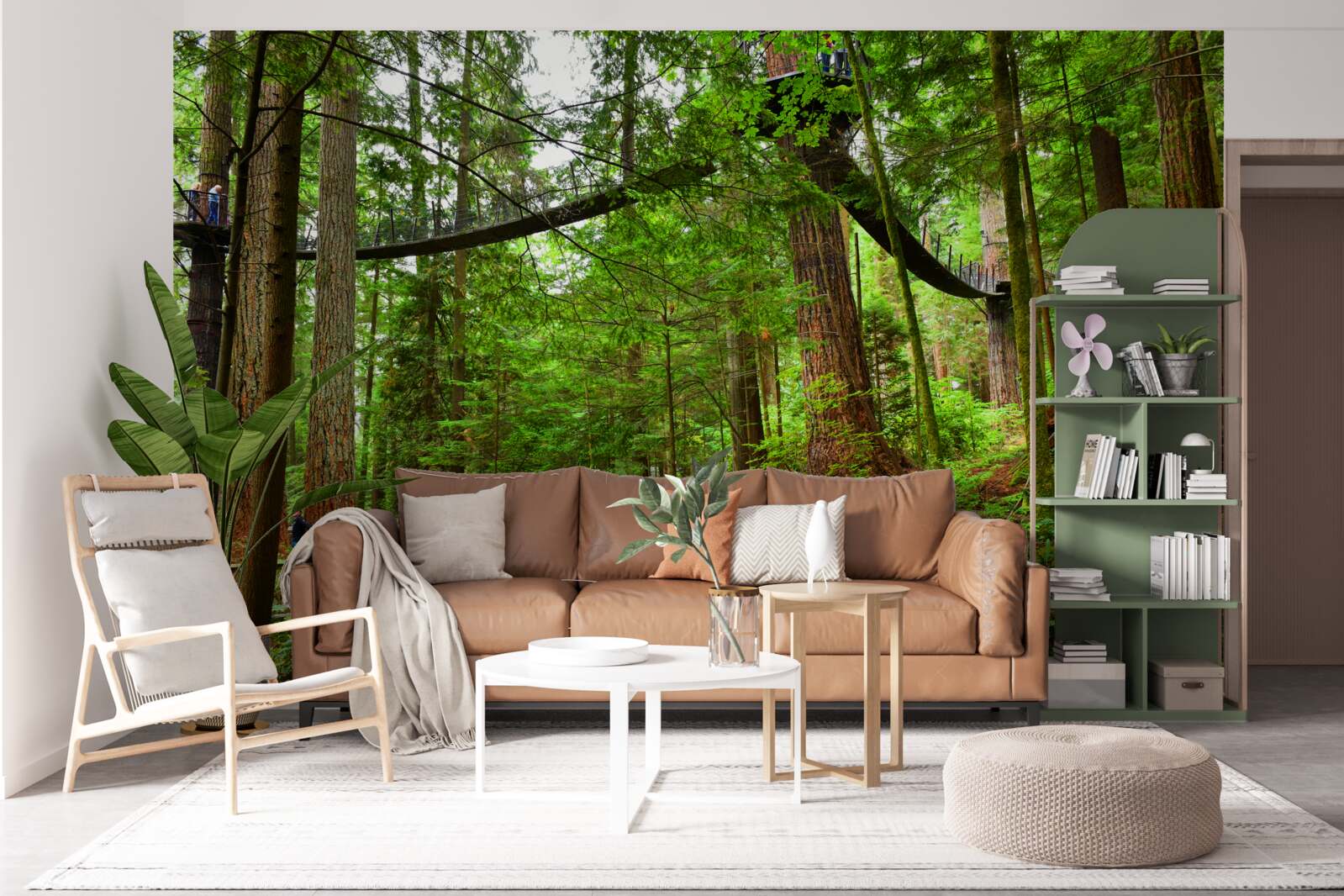 Papier peint pont touristique suspendu entouré de forêts