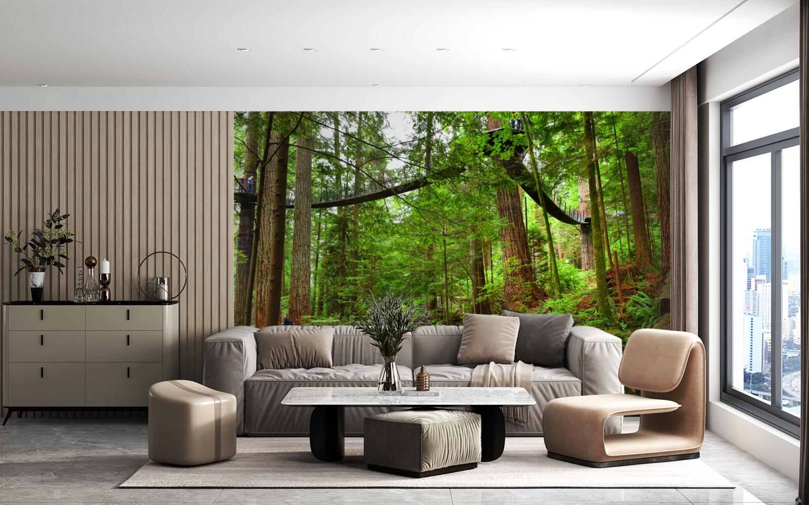 Papier peint pont touristique suspendu entouré de forêts