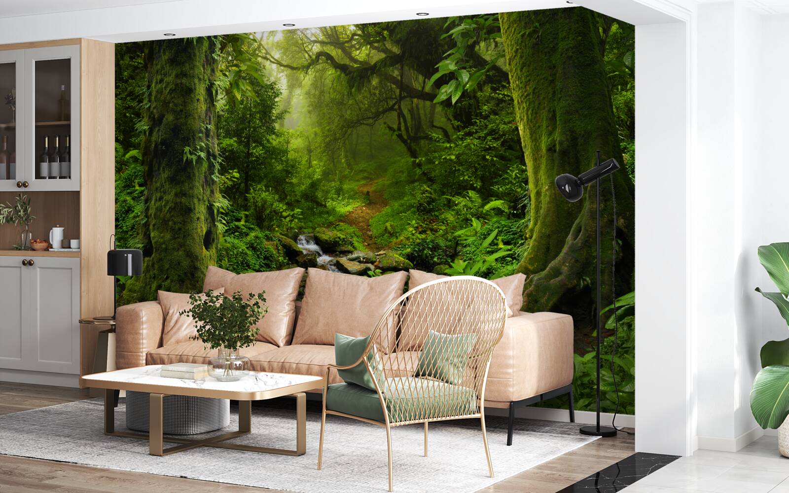 Papier peint Aube sur une cascade au milieu de la forêt