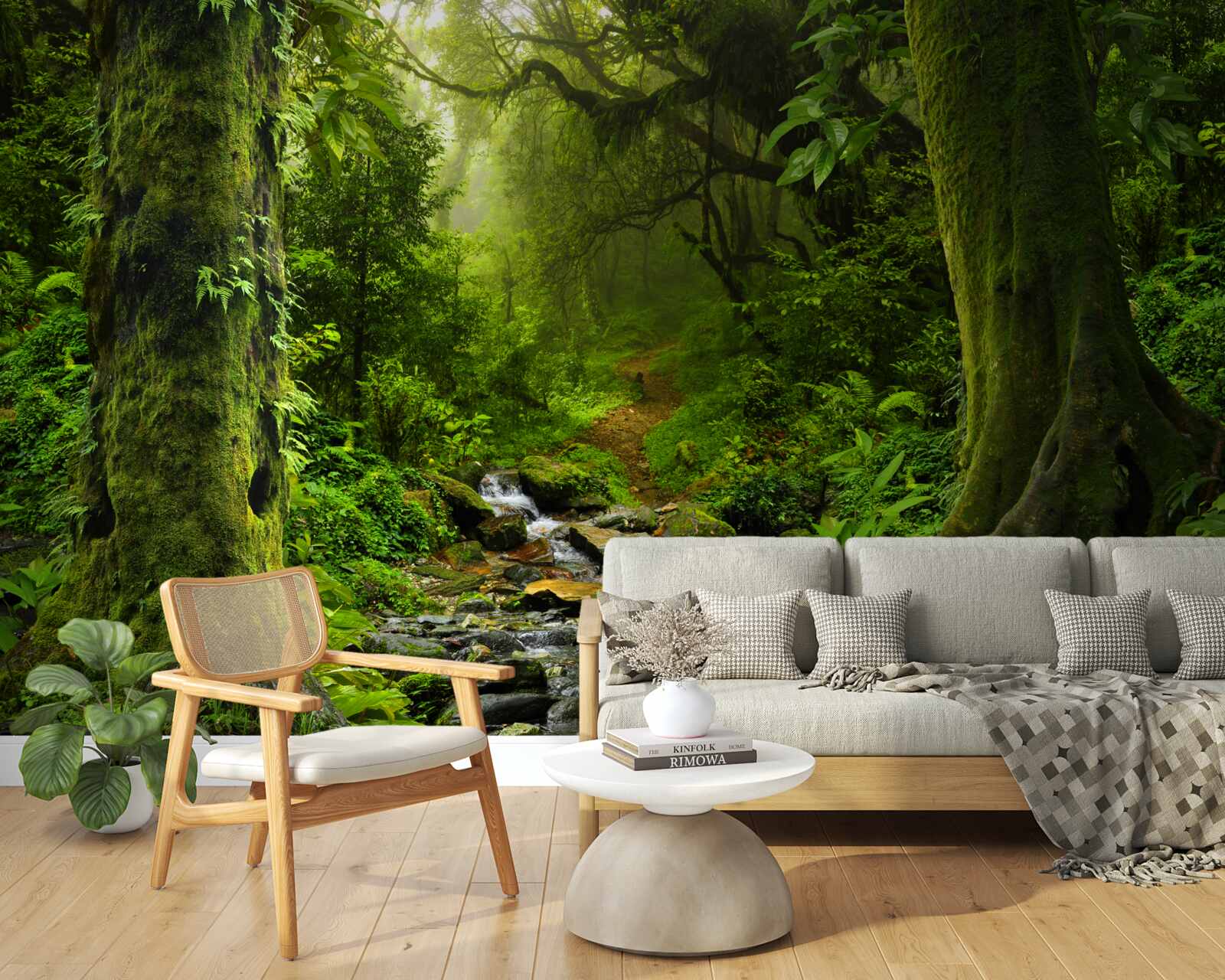 Papier peint Aube sur une cascade au milieu de la forêt