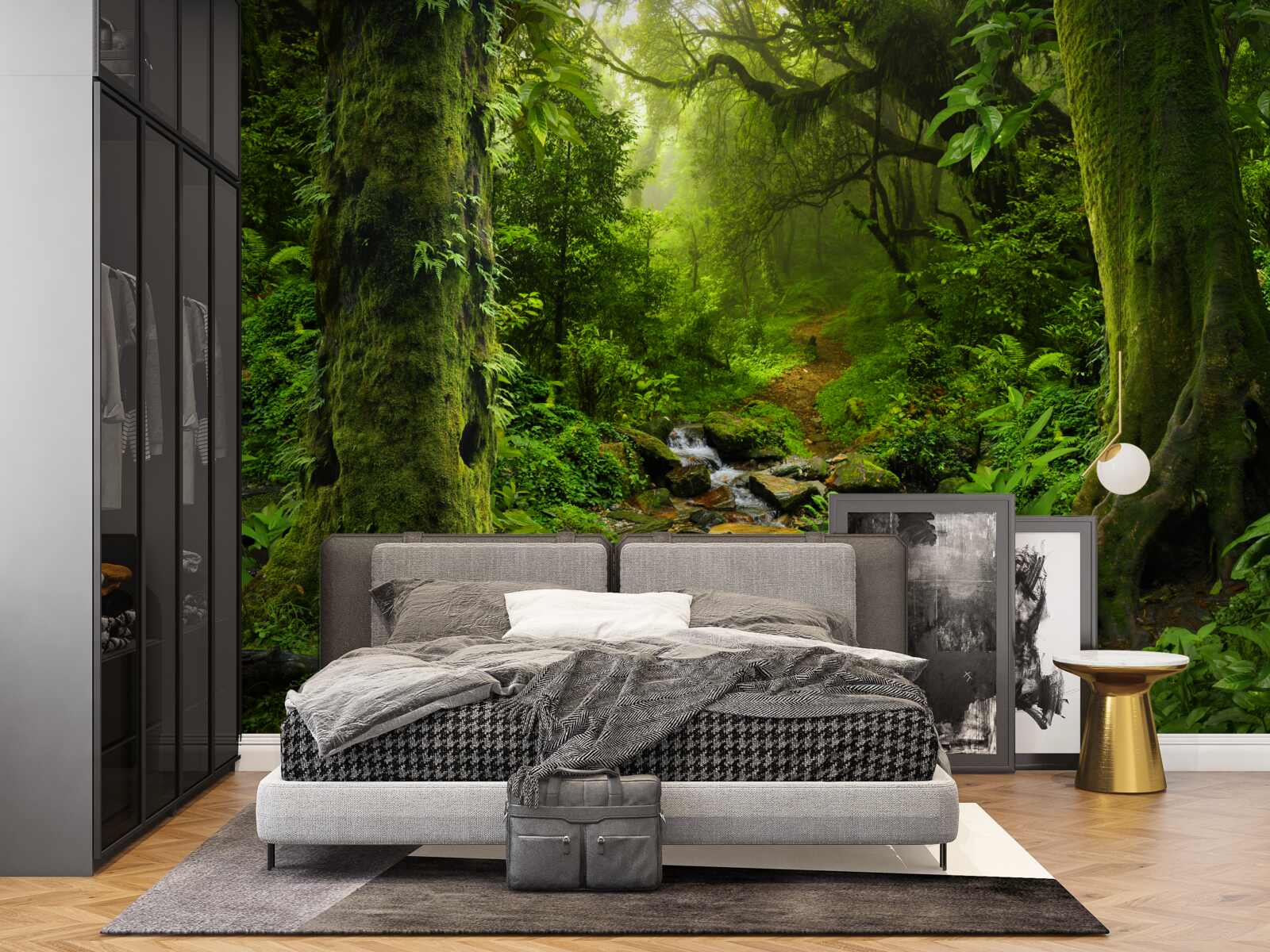 Papier peint Aube sur une cascade au milieu de la forêt