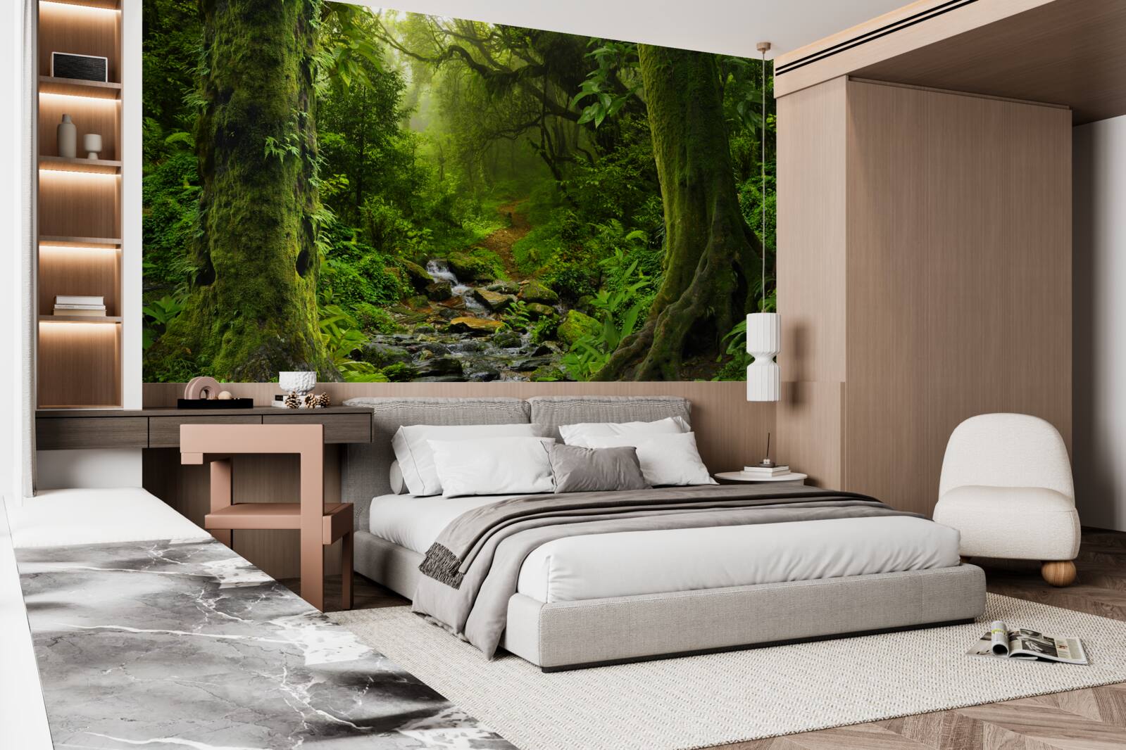 Papier peint Aube sur une cascade au milieu de la forêt