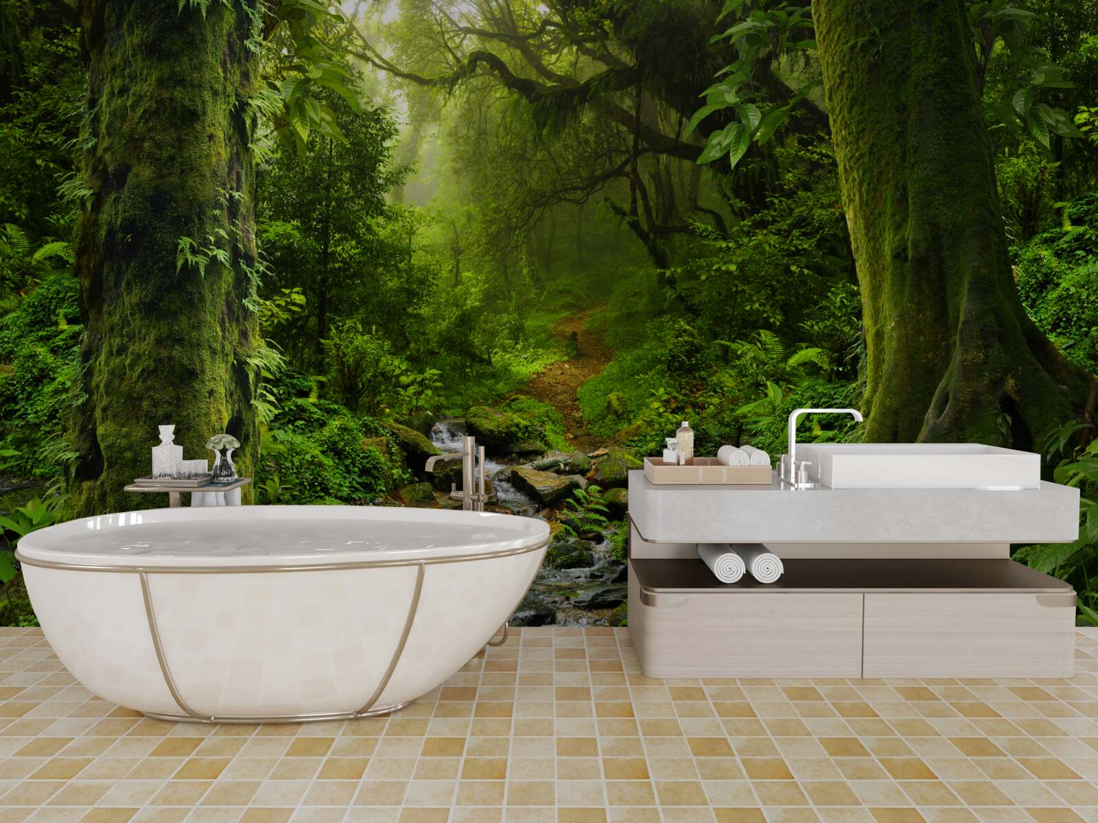 Papier peint Aube sur une cascade au milieu de la forêt