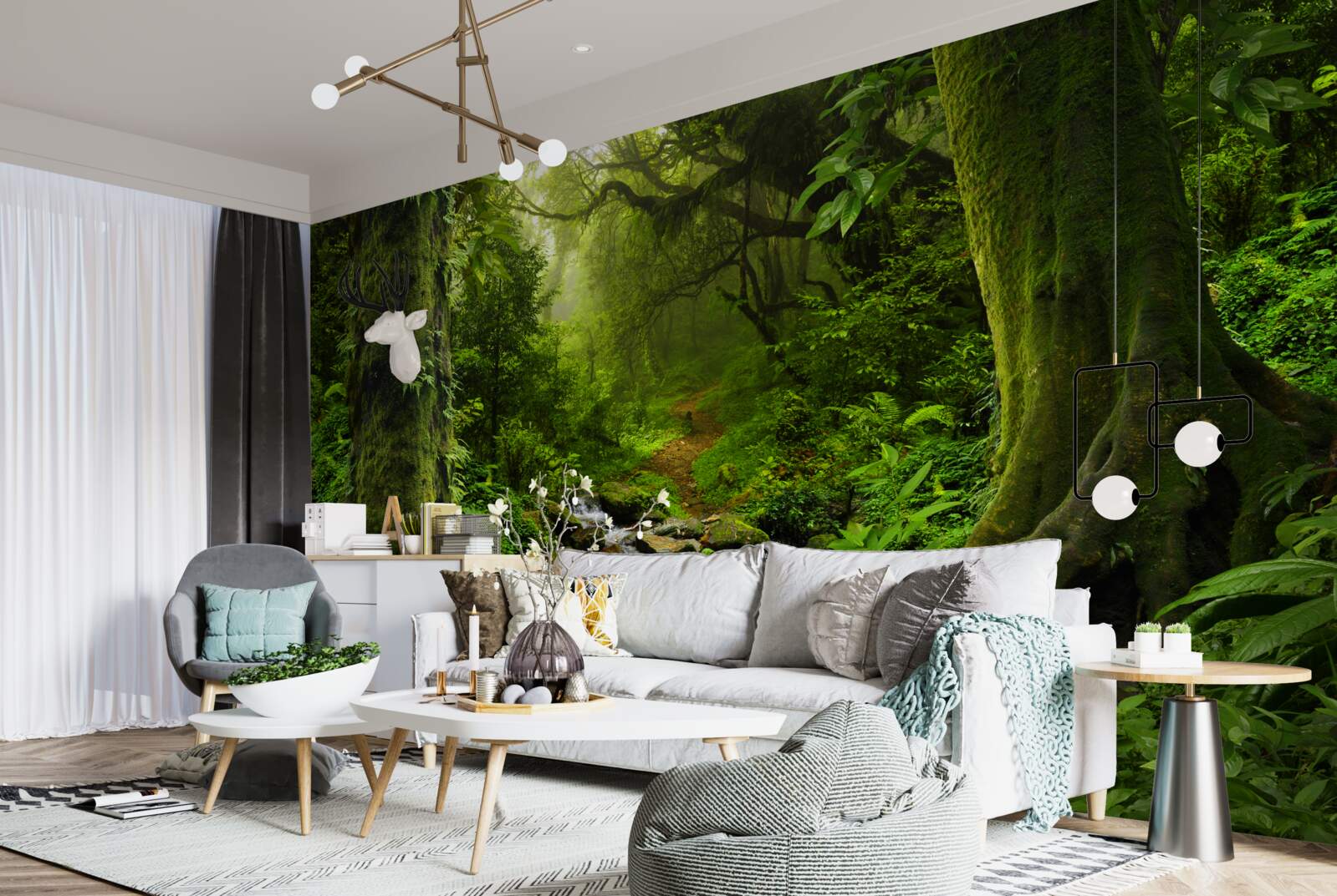 Papier peint Aube sur une cascade au milieu de la forêt