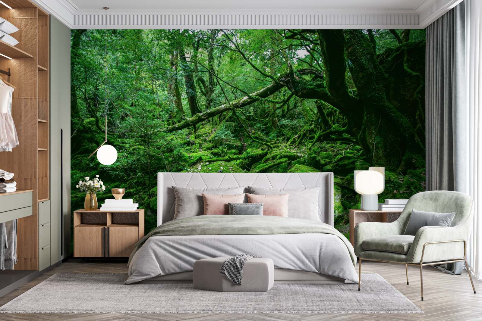 Papier peint forêt, abondamment verte, sans soleil