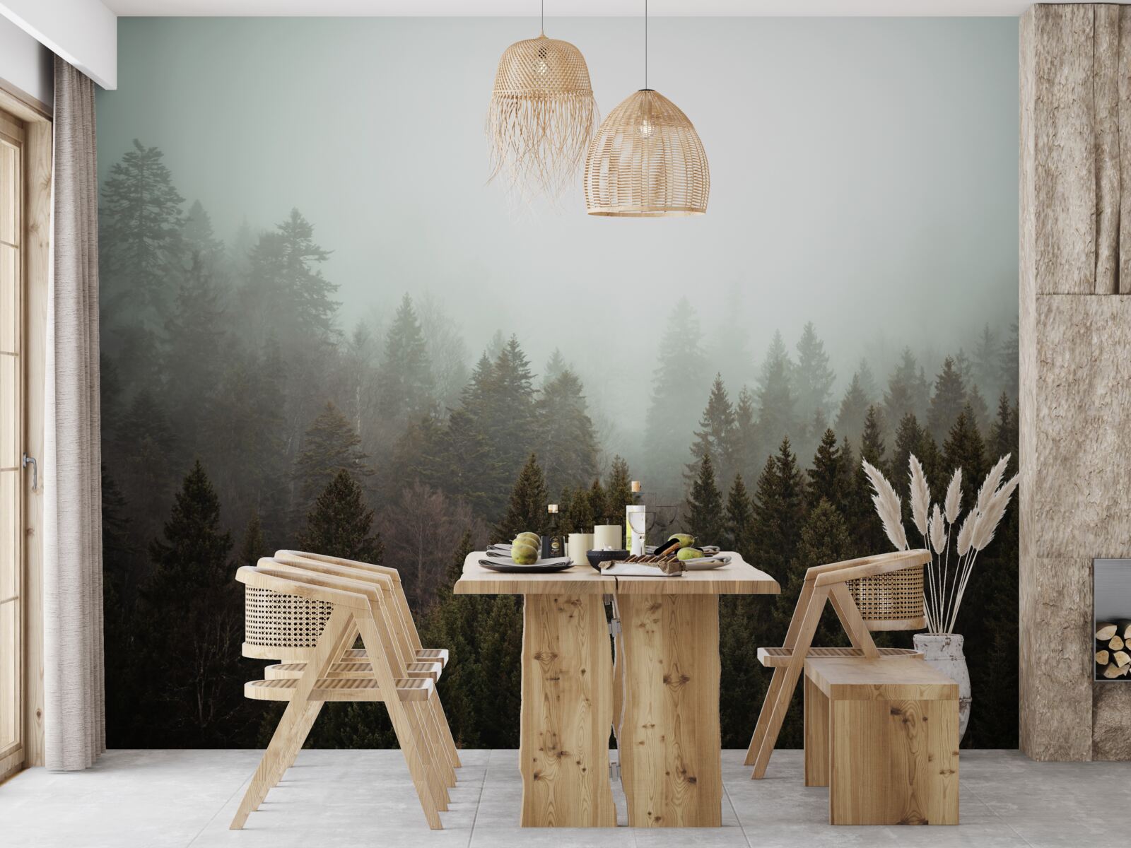 Papier peint lever de soleil éclatant au milieu d'une forêt de conifères embrumée