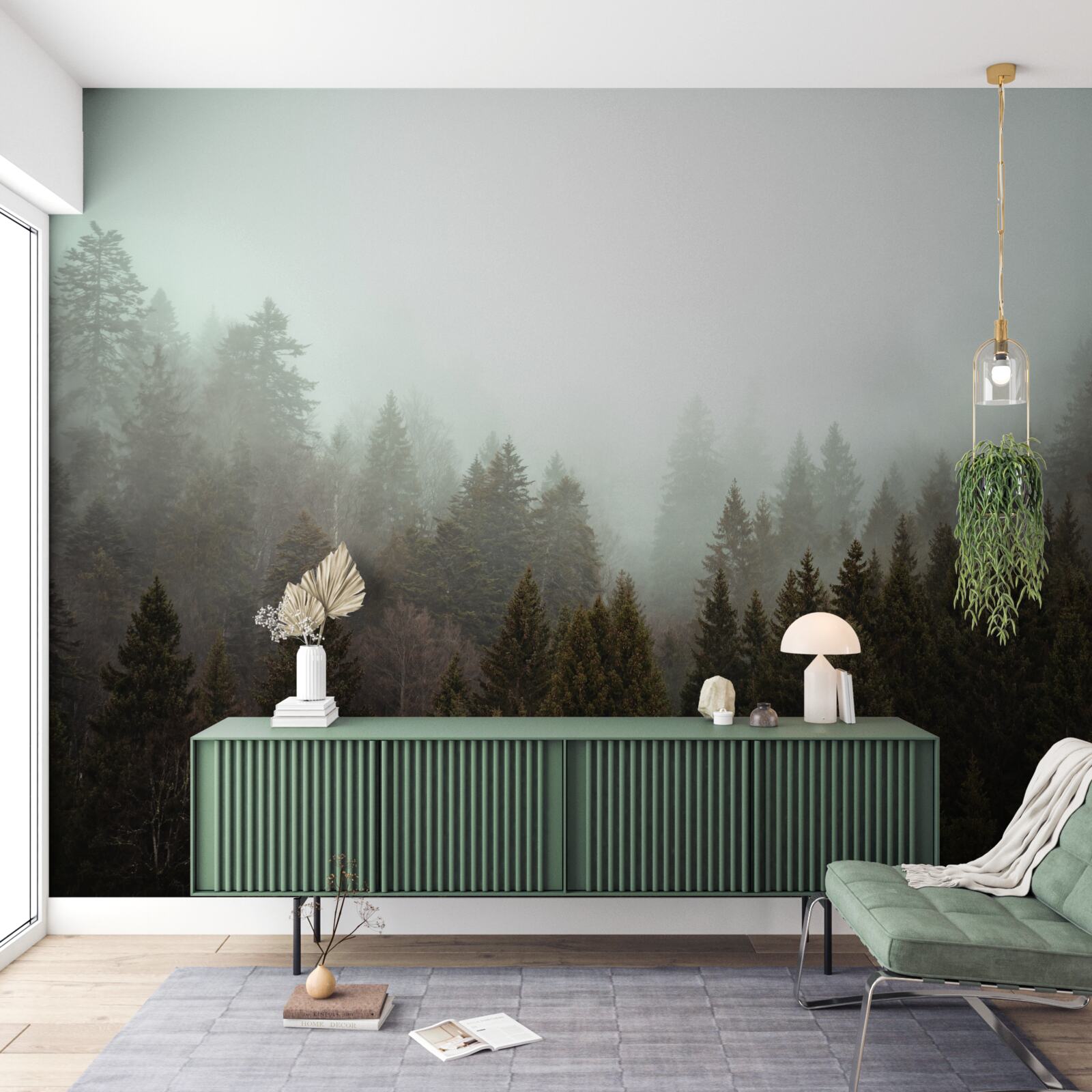 Papier peint lever de soleil éclatant au milieu d'une forêt de conifères embrumée