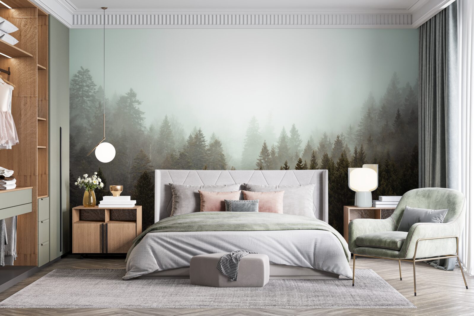 Papier peint lever de soleil éclatant au milieu d'une forêt de conifères embrumée