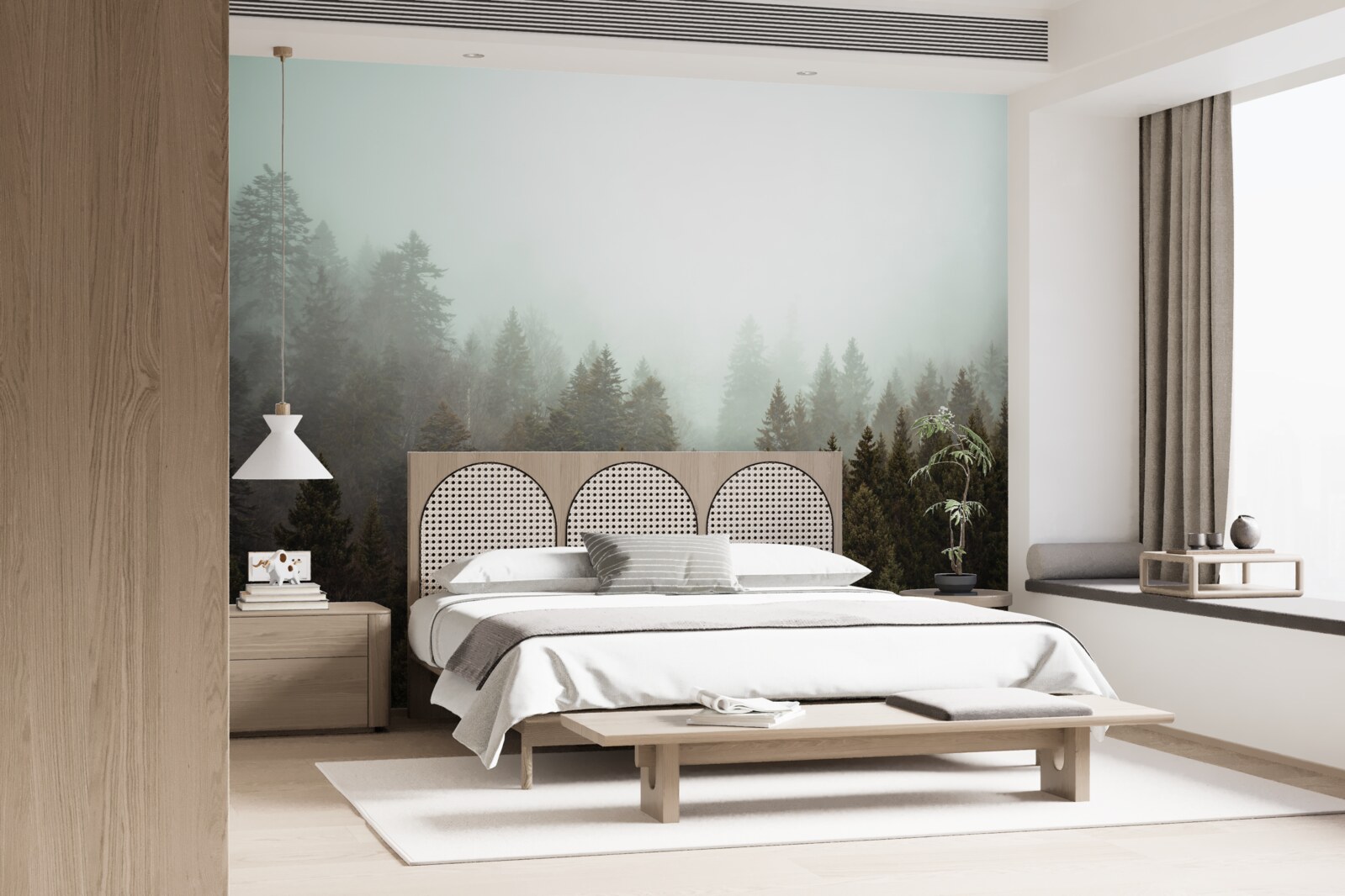 Papier peint lever de soleil éclatant au milieu d'une forêt de conifères embrumée