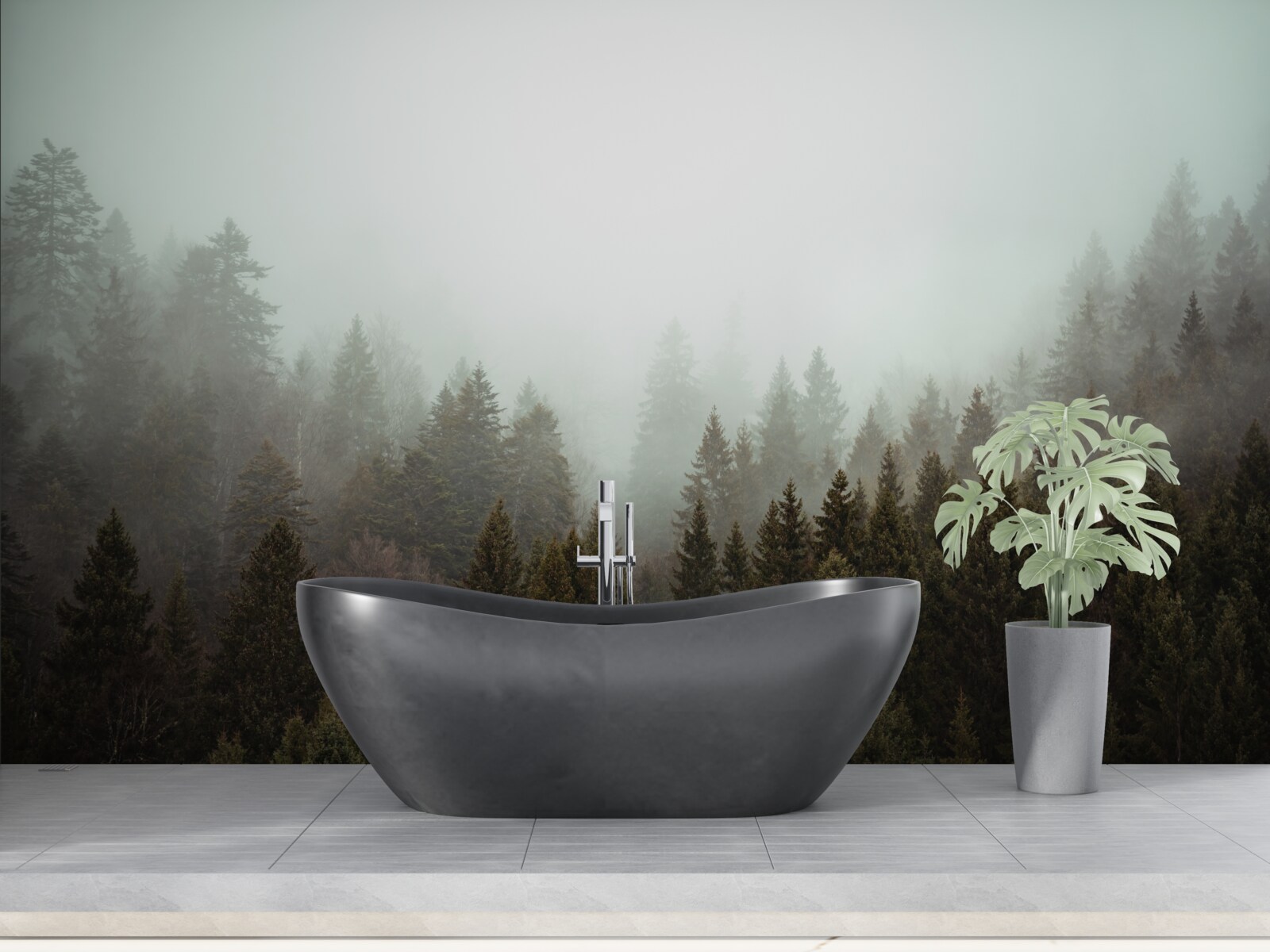 Papier peint lever de soleil éclatant au milieu d'une forêt de conifères embrumée