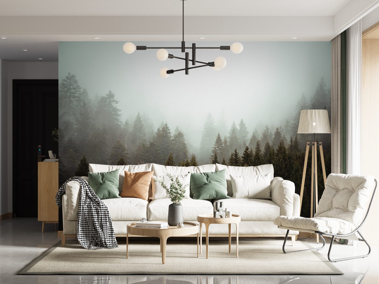 Papier peint lever de soleil éclatant au milieu d'une forêt de conifères embrumée