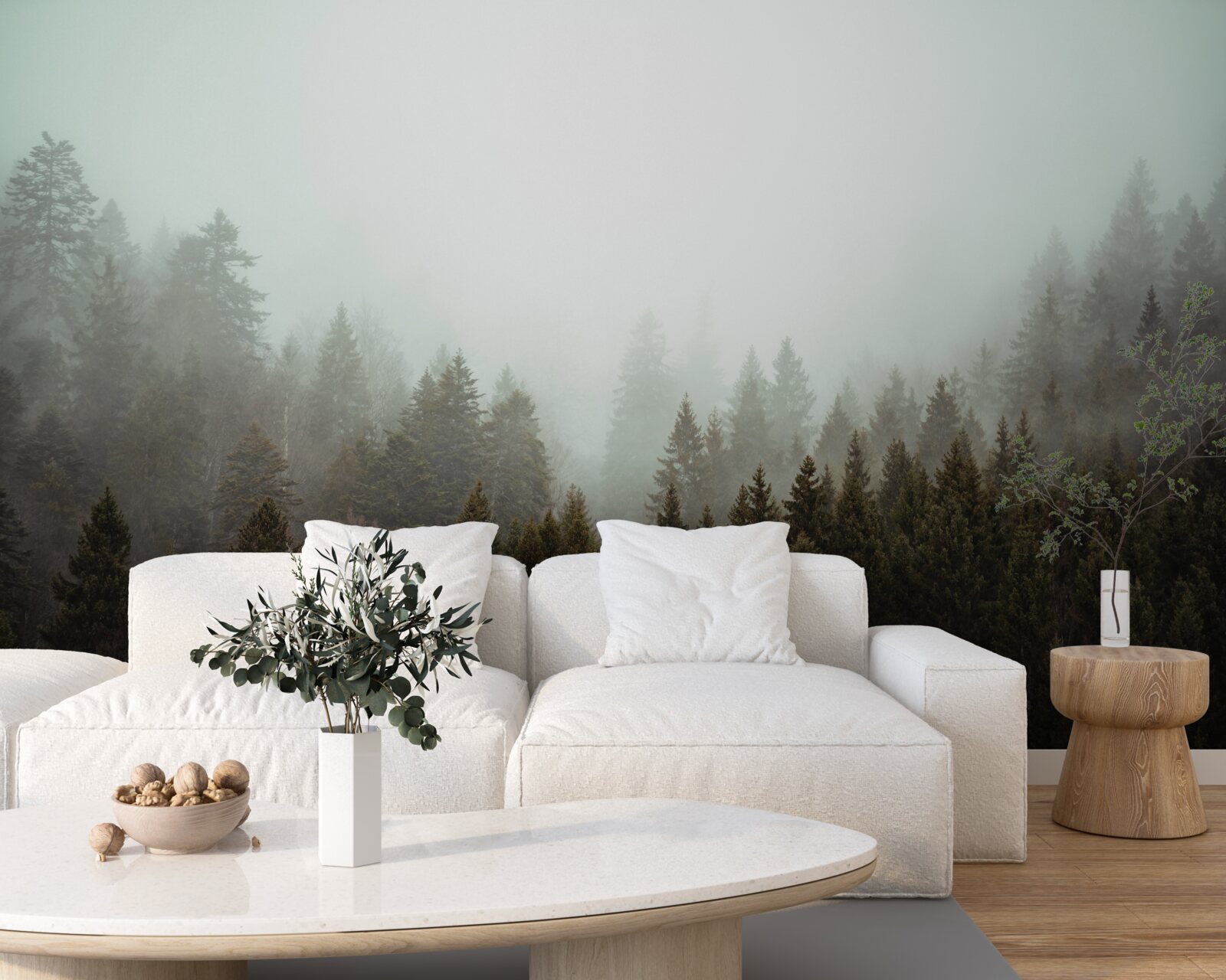 Papier peint lever de soleil éclatant au milieu d'une forêt de conifères embrumée