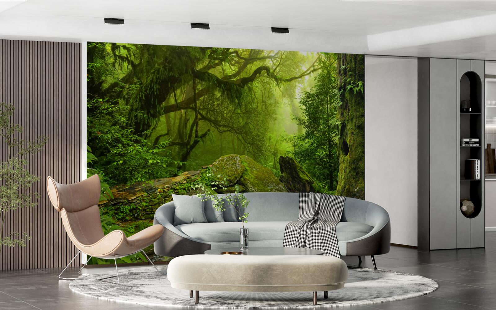 Papier peint forêt verte avec chute d'eau