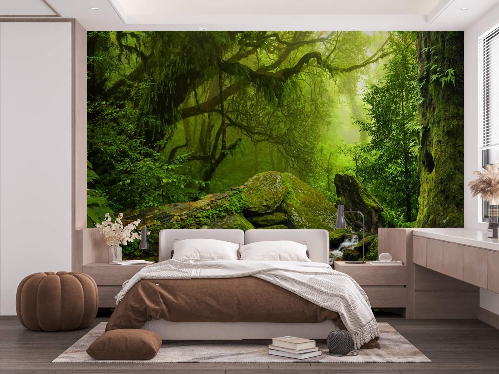 Papier peint forêt verte avec chute d'eau