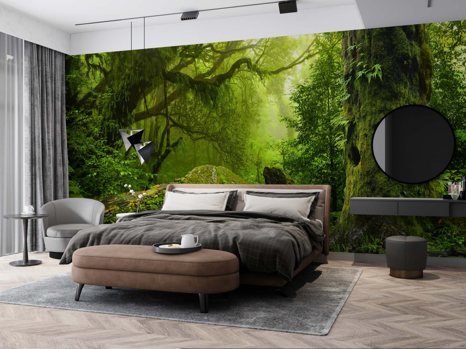 Papier peint forêt verte avec chute d'eau