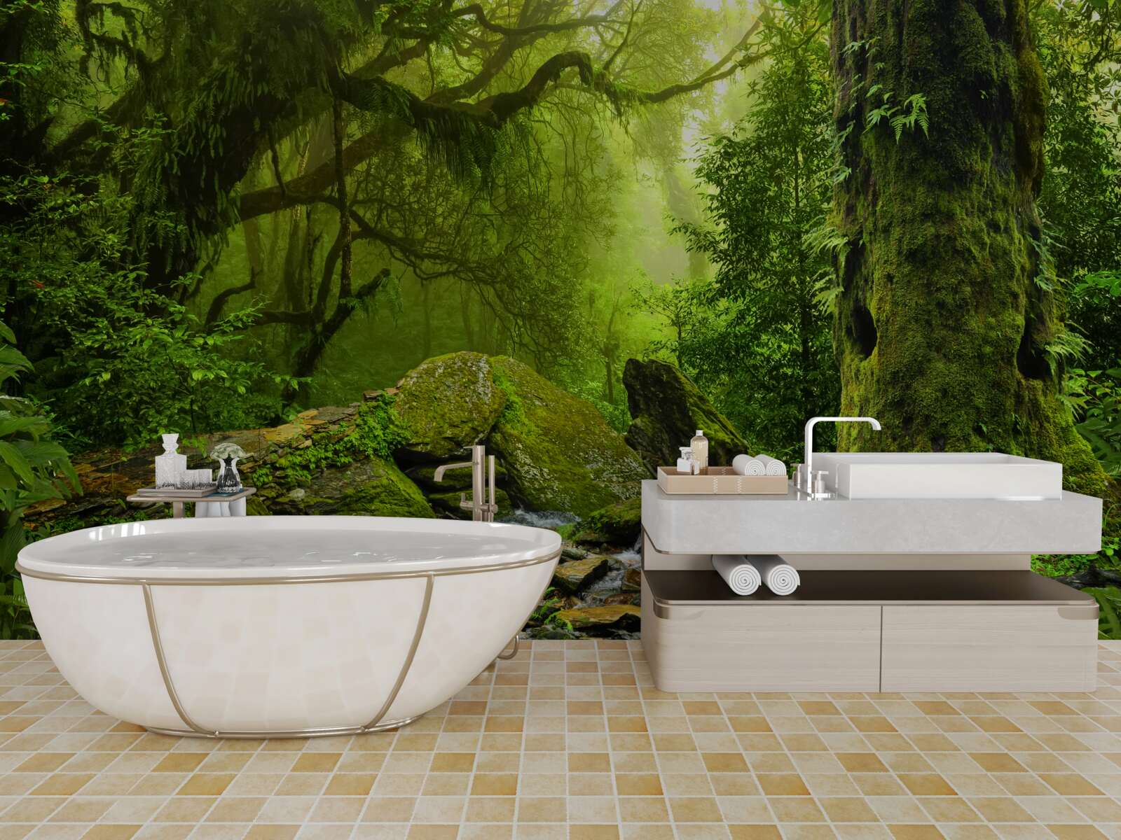 Papier peint forêt verte avec chute d'eau