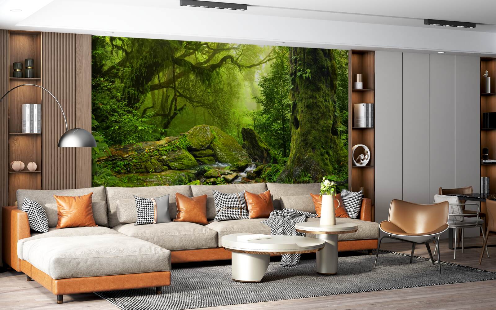 Papier peint forêt verte avec chute d'eau