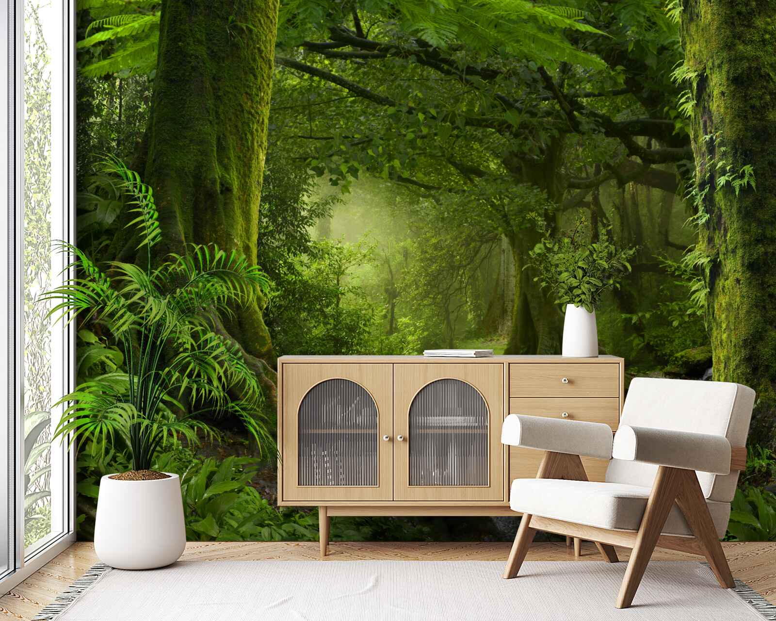 Papier peint cascade dans une forêt de feuillus verdoyante