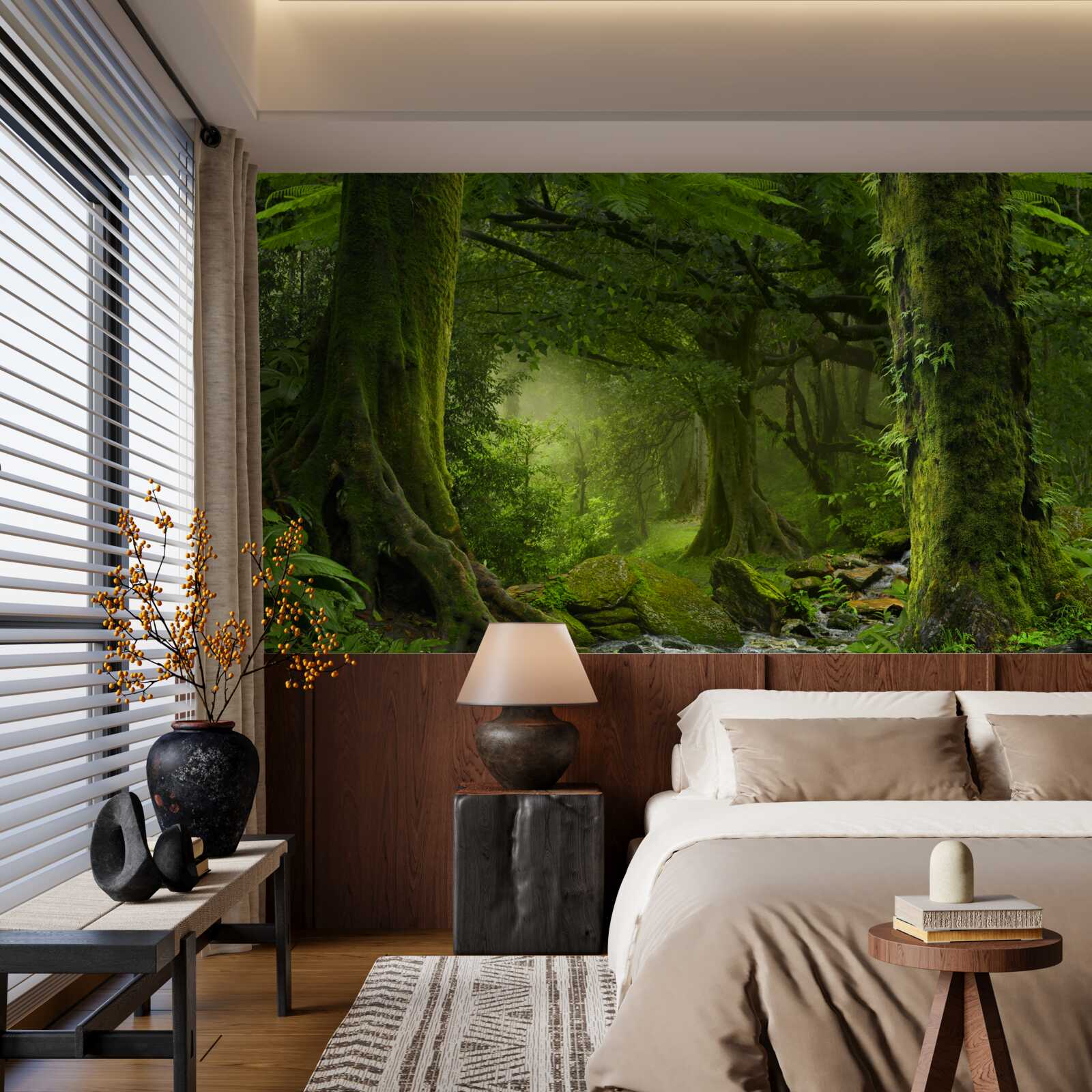 Papier peint cascade dans une forêt de feuillus verdoyante