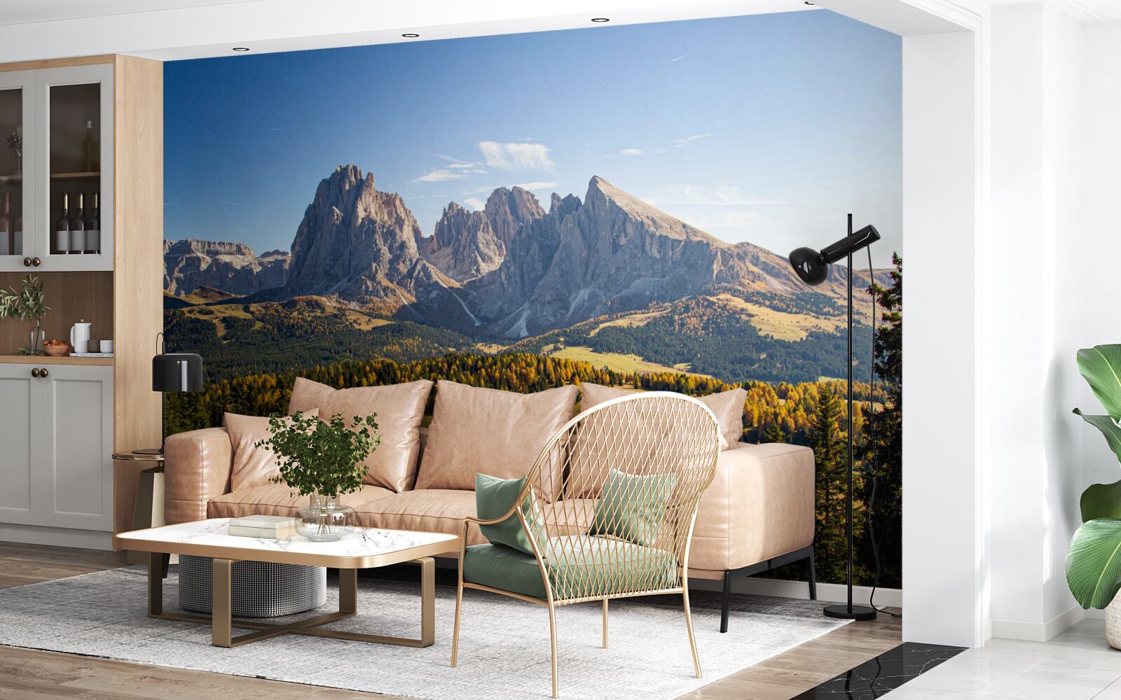 Papier peint forêt dense et montagnes langkofel impressionnantes