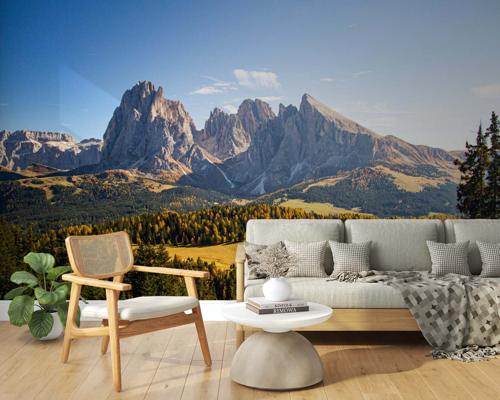 Papier peint forêt dense et montagnes langkofel impressionnantes