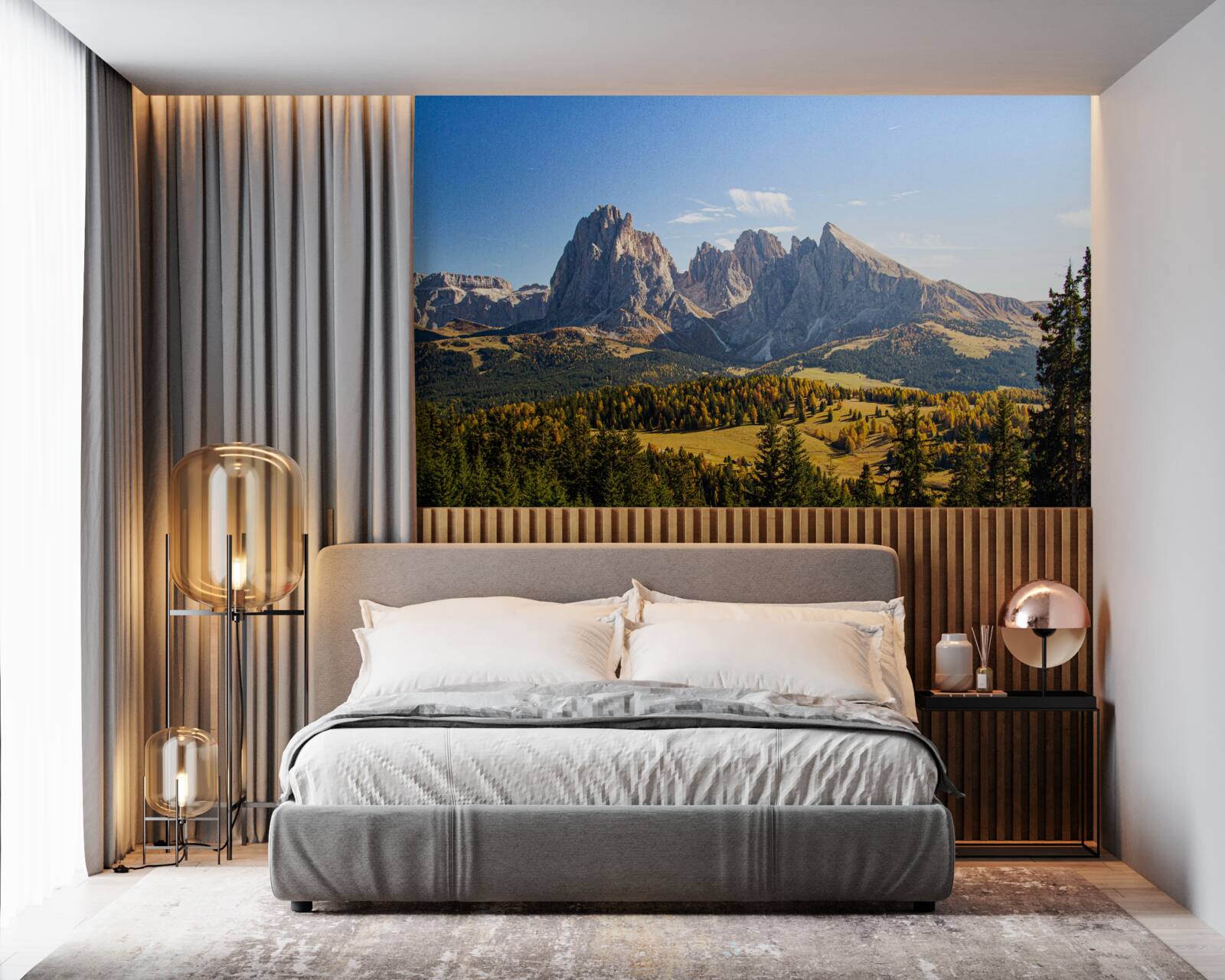 Papier peint forêt dense et montagnes langkofel impressionnantes