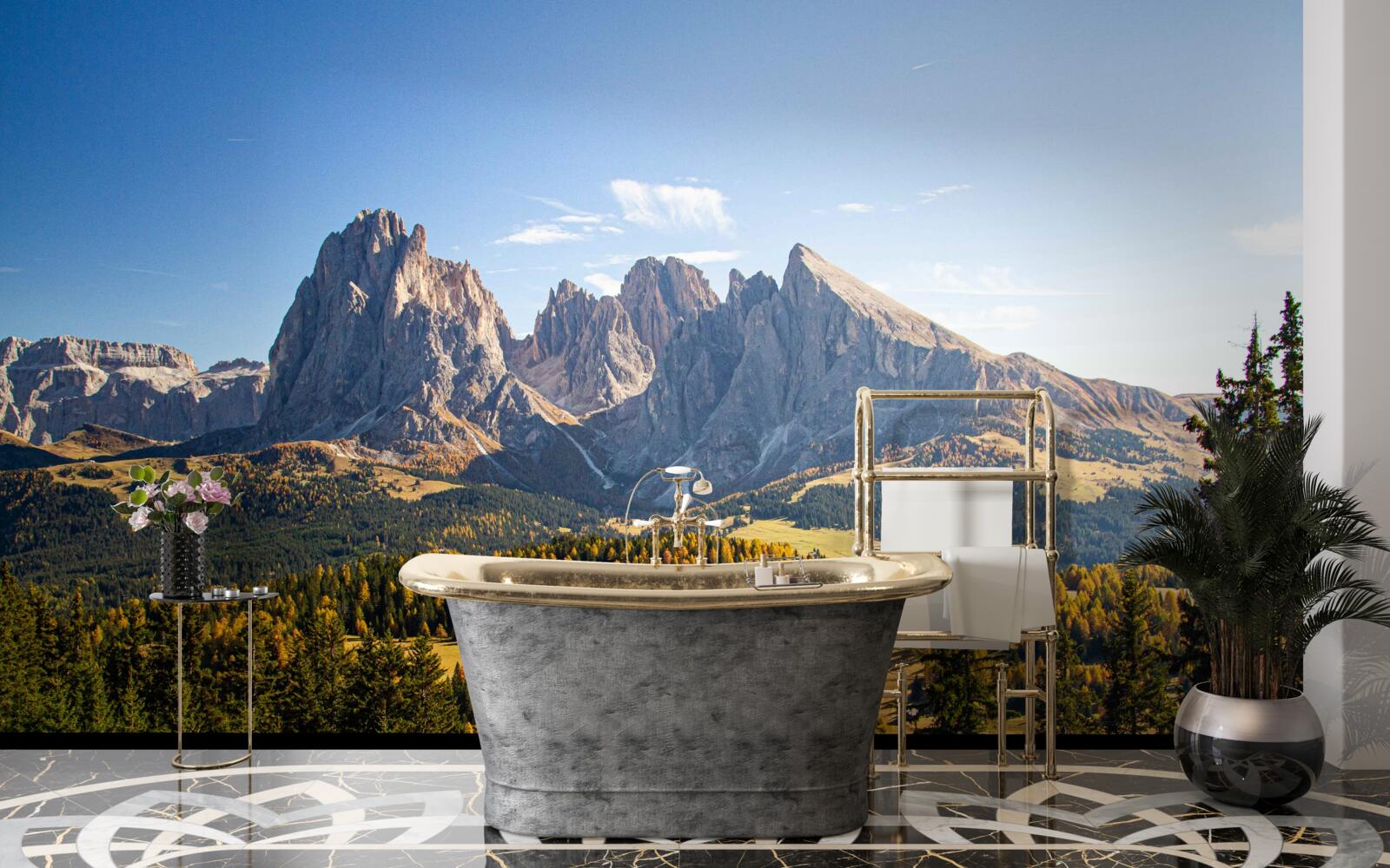 Papier peint forêt dense et montagnes langkofel impressionnantes