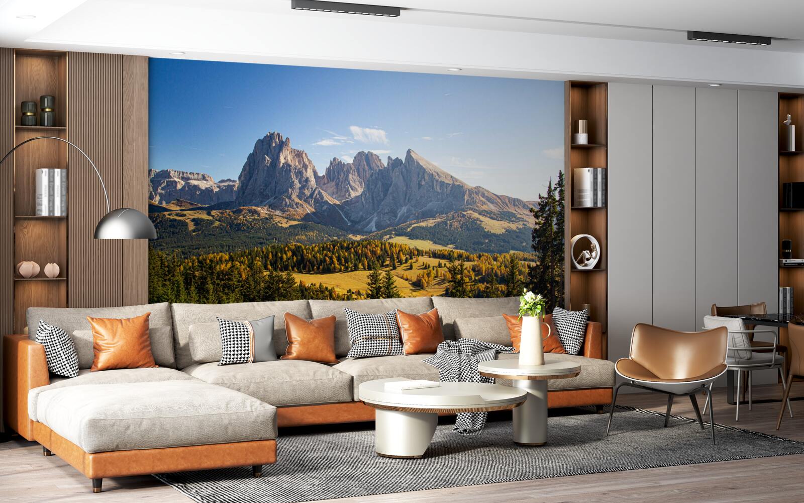 Papier peint forêt dense et montagnes langkofel impressionnantes