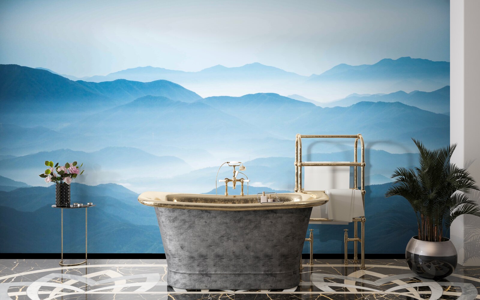 Papier peint brume matinale enveloppant les sommets des montagnes