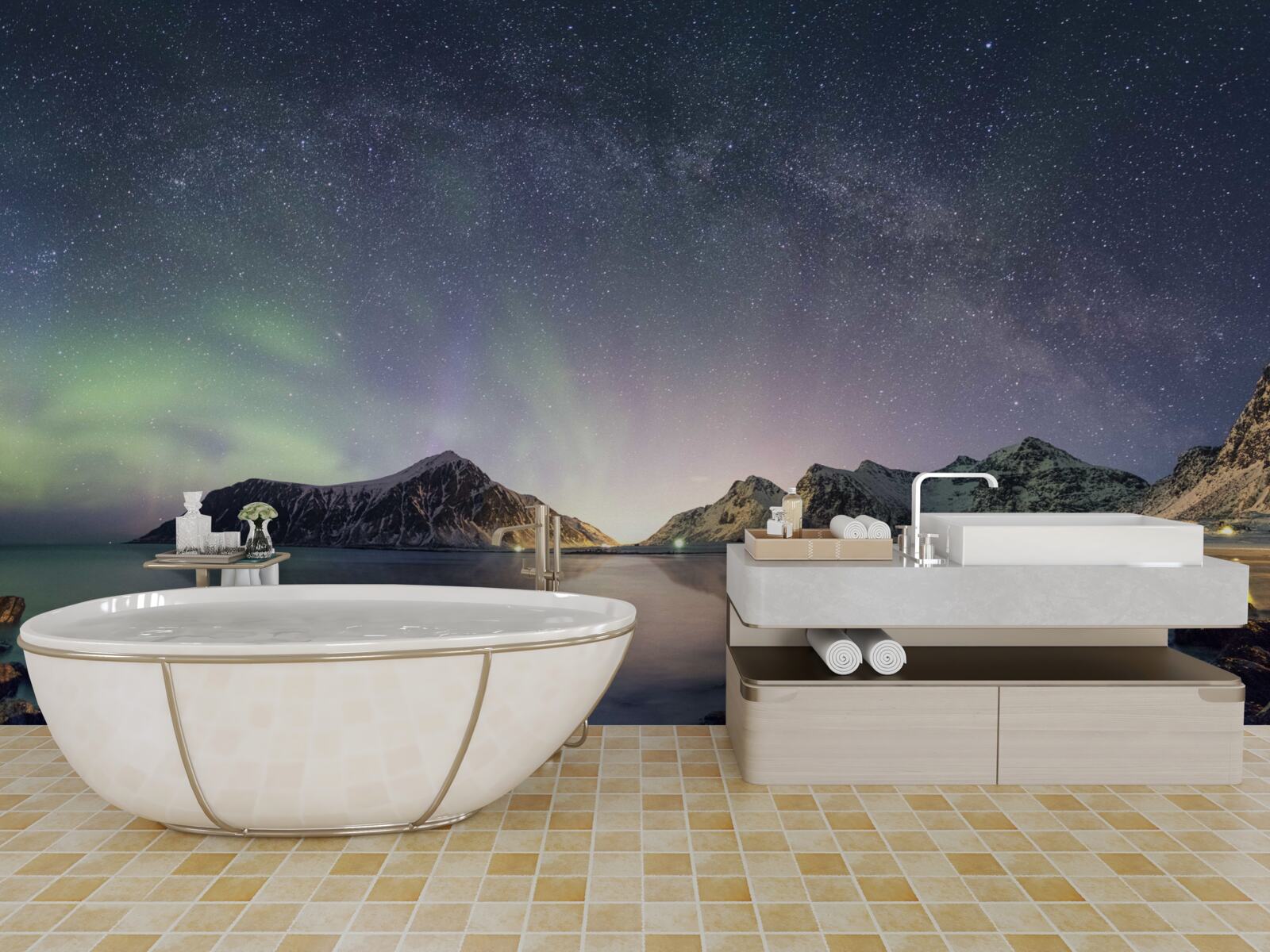 Papier peint le ciel nocturne décoré d'étoiles et illuminé par les aurores boréales