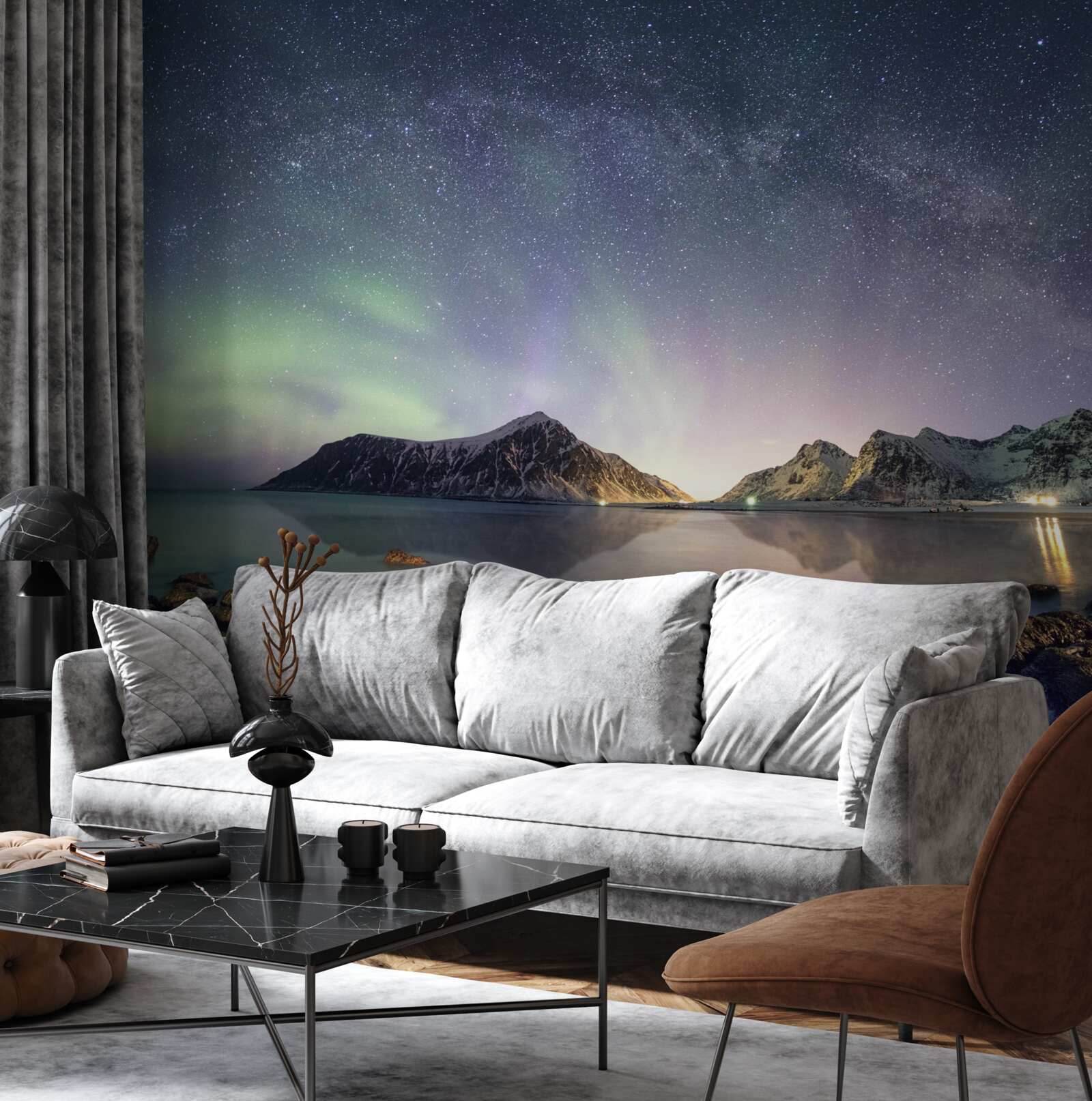 Papier peint le ciel nocturne décoré d'étoiles et illuminé par les aurores boréales