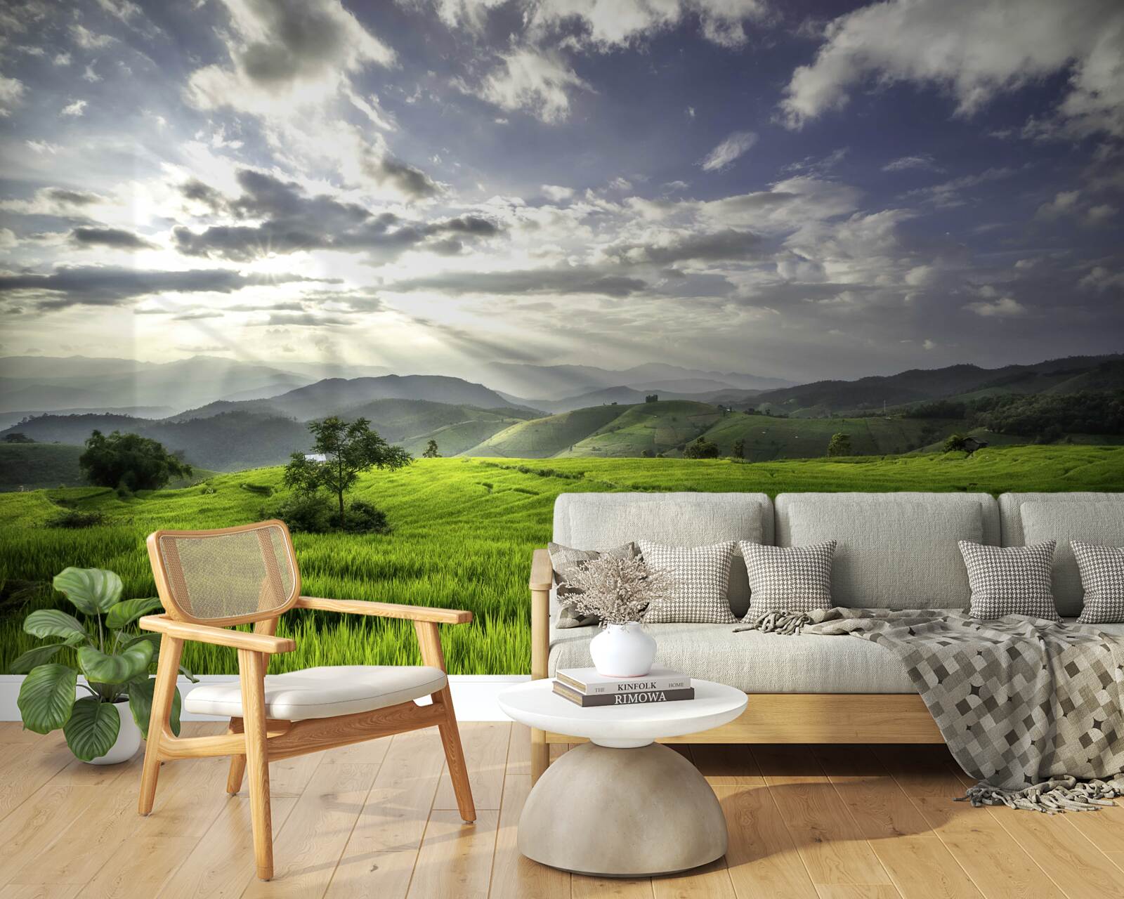 Papier peint une clairière immergée dans le vert des montagnes est illuminée par les rayons du soleil