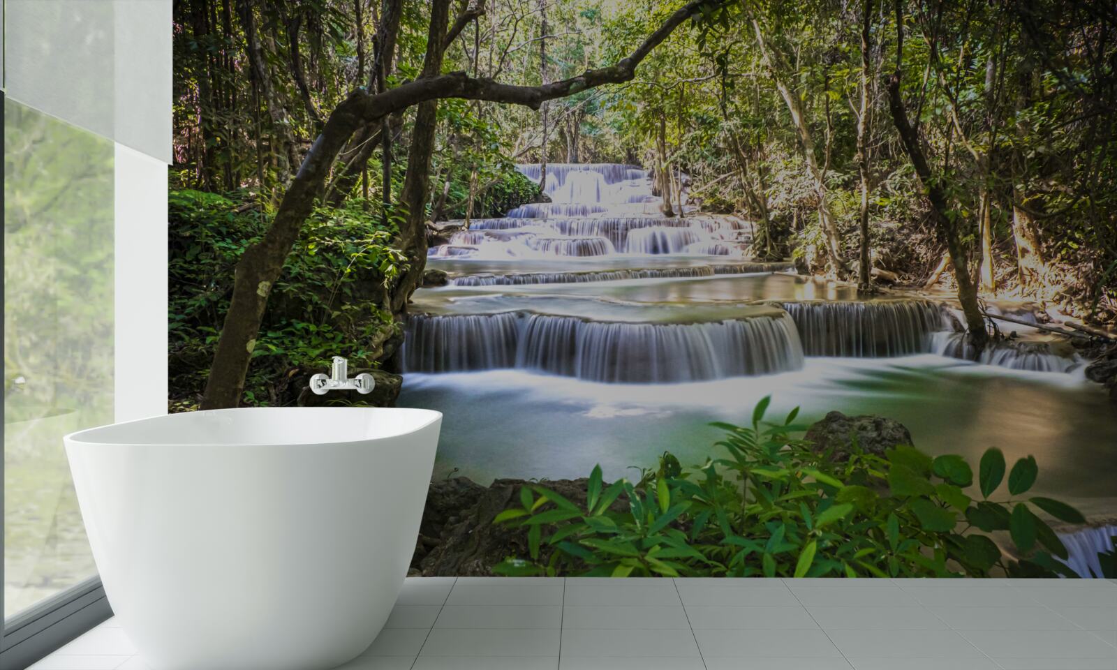 Papier peint chutes d'eau en forêt à l'aube