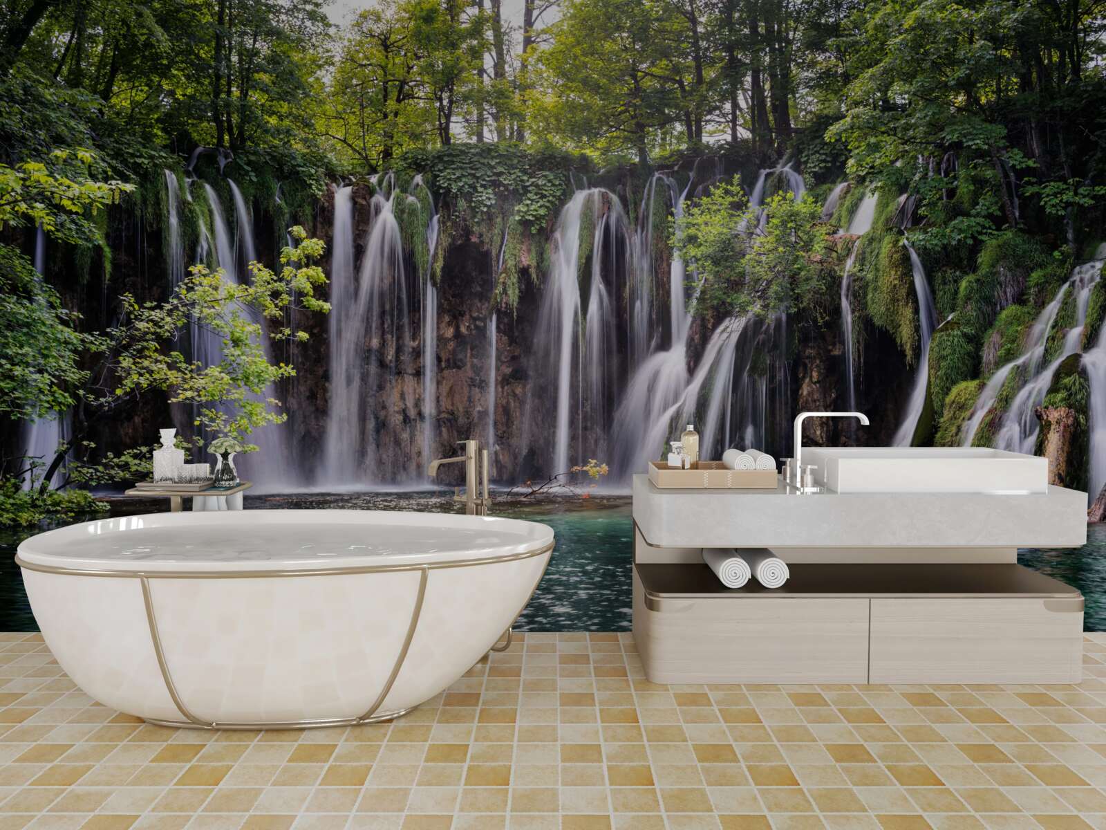 Papier peint des chutes d'eau se jetant dans un lac limpide