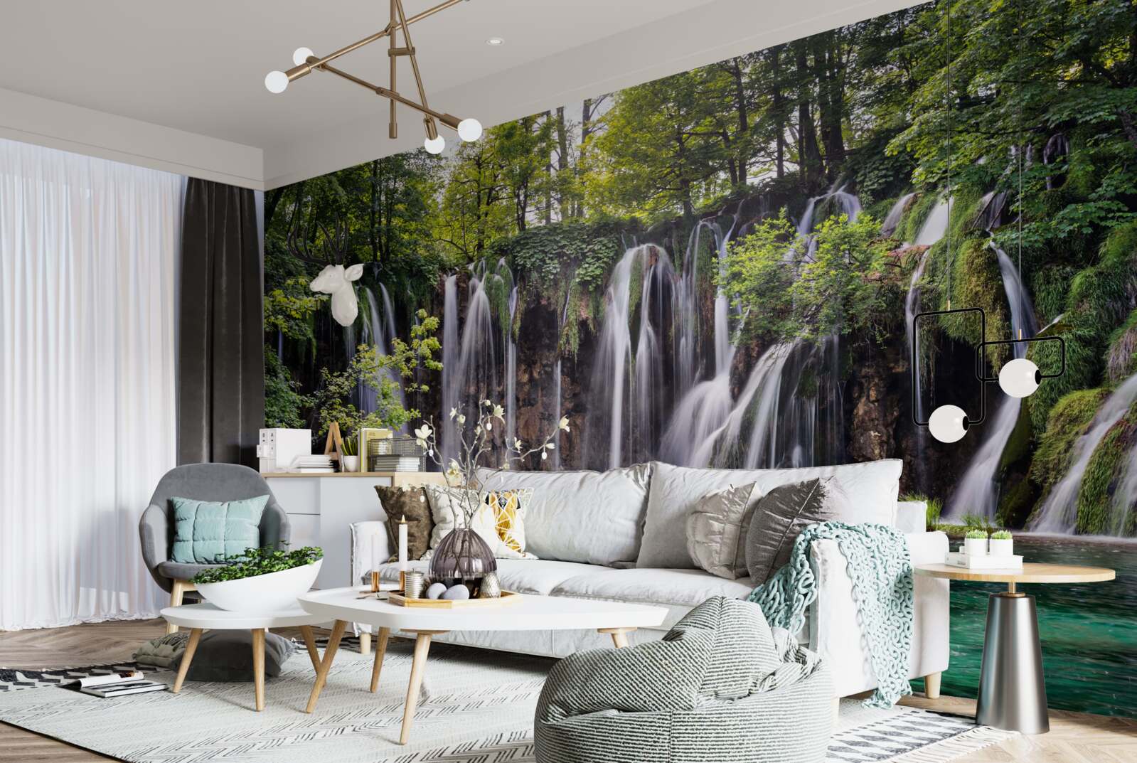 Papier peint des chutes d'eau se jetant dans un lac limpide