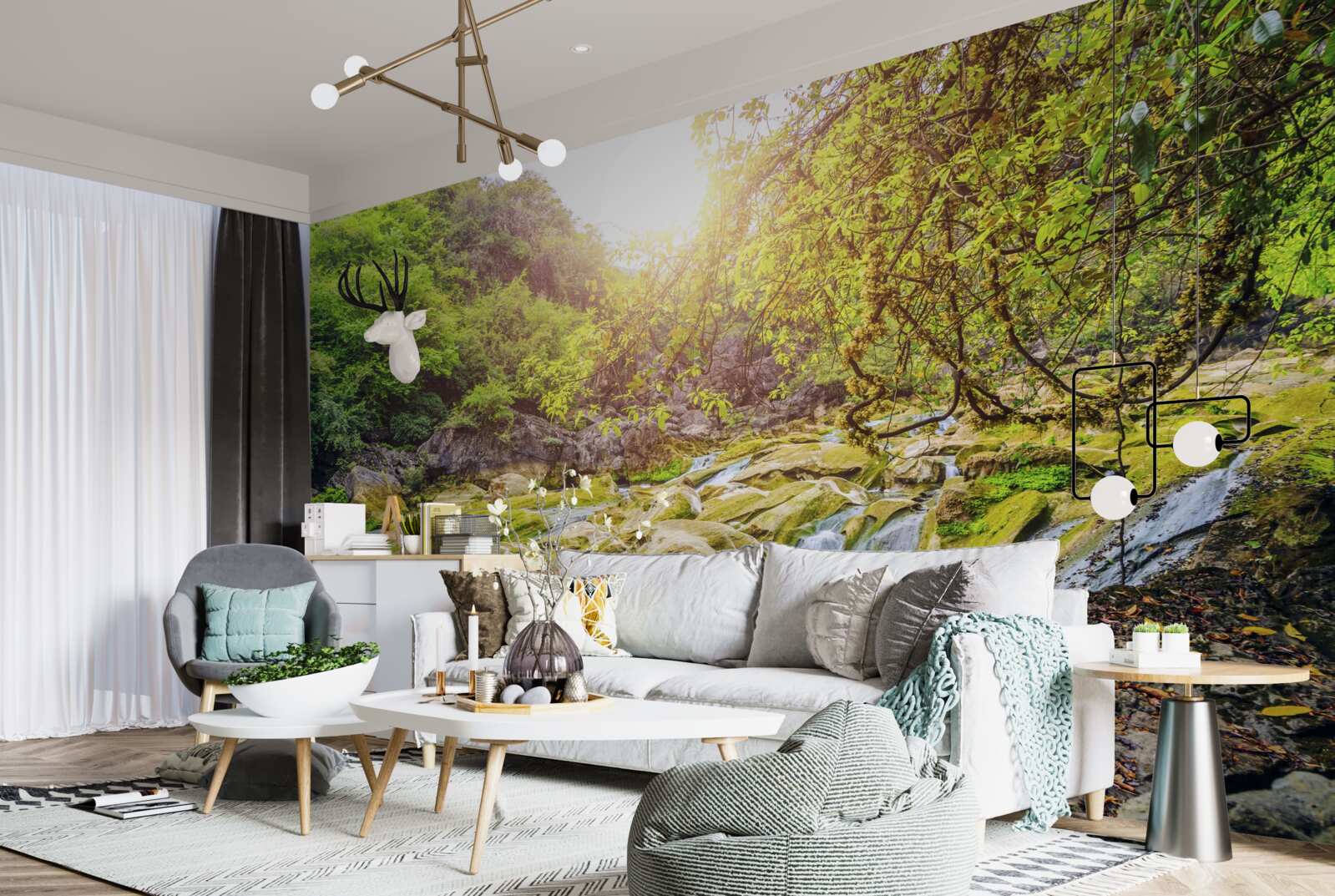 Papier peint lever de soleil sur la rivière avec sa nature colorée