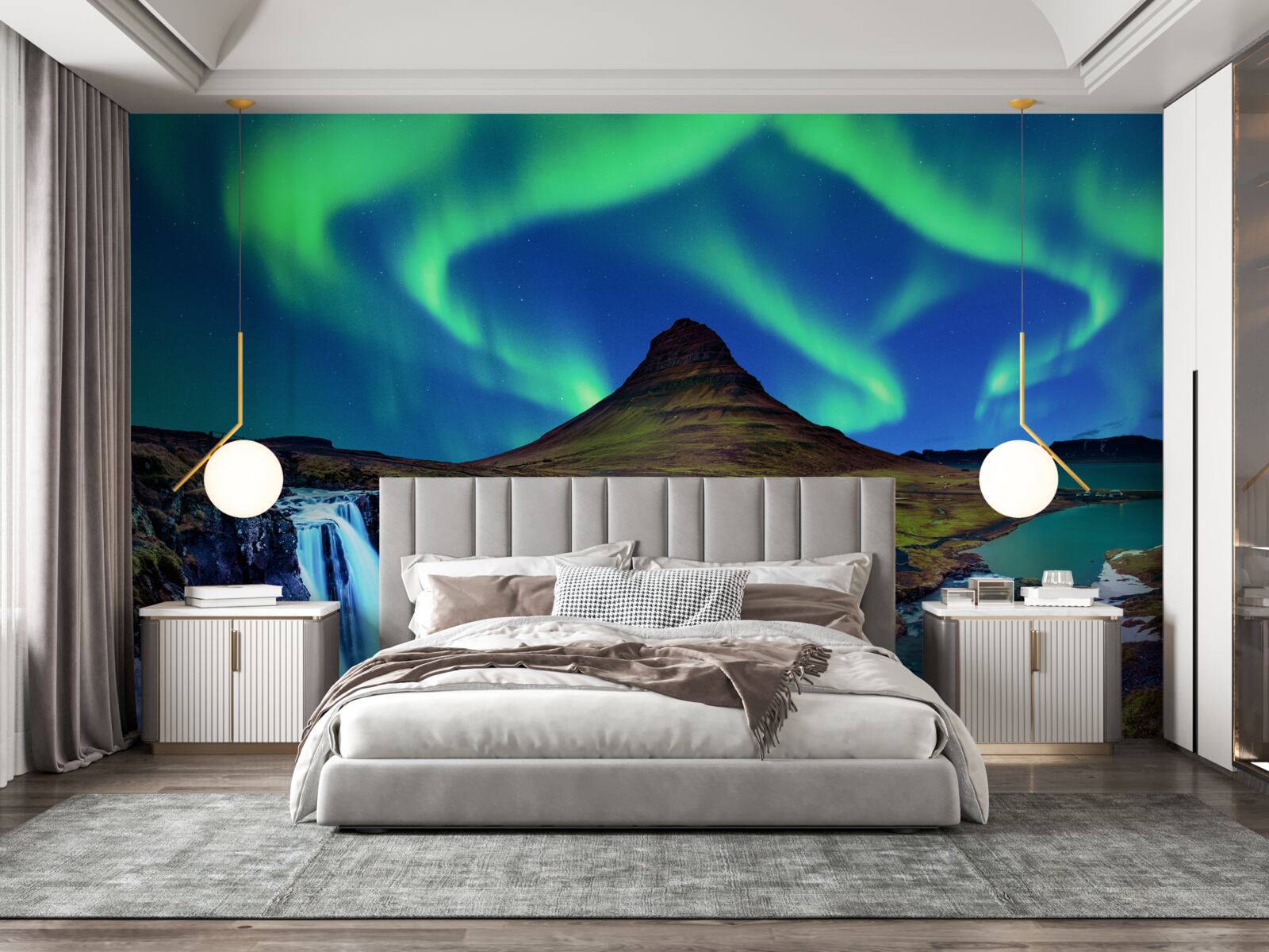 Papier peint Une chute d'eau présente de superbes aurores boréales