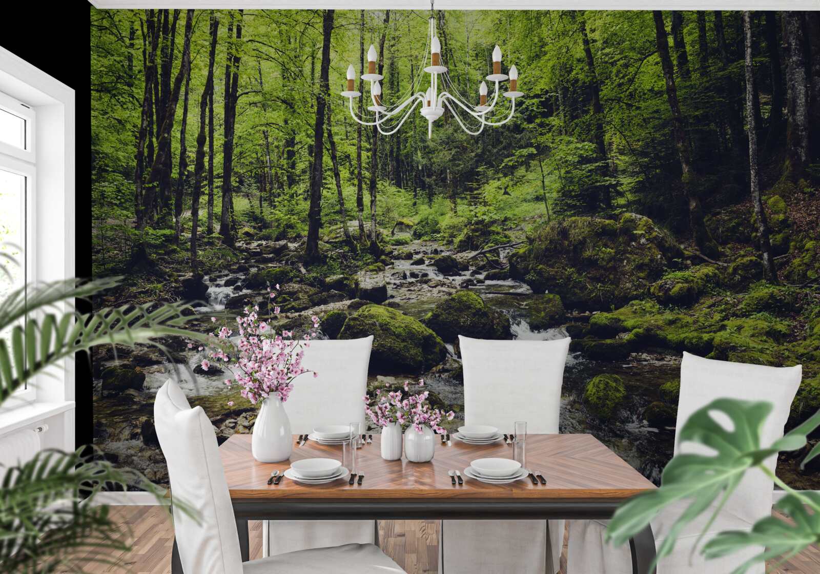 Papier peint cascade en montagne, entourée d'un bosquet verdoyant