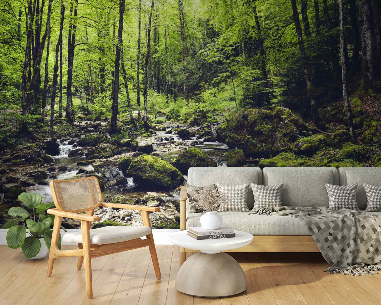 Papier peint cascade en montagne, entourée d'un bosquet verdoyant