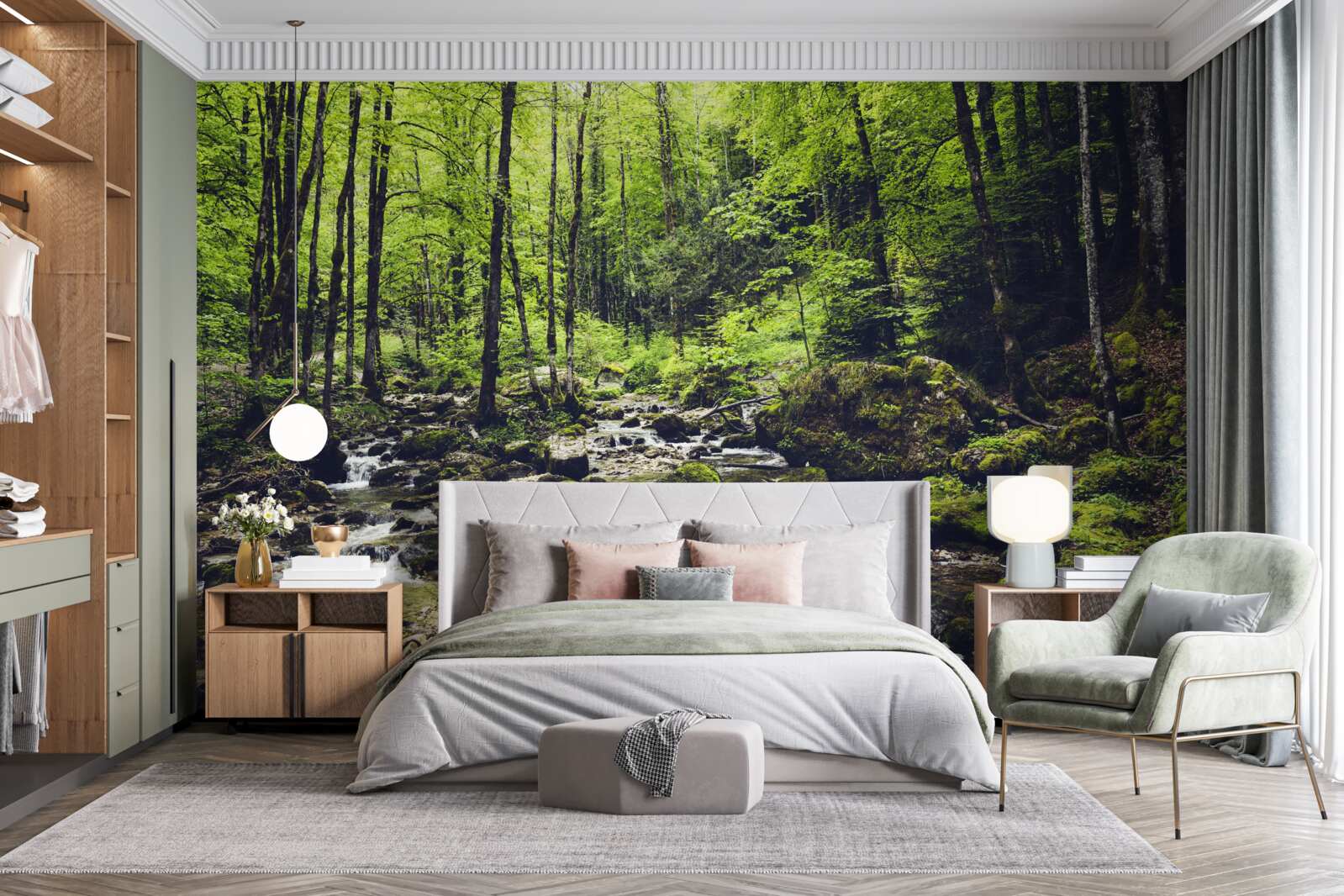 Papier peint cascade en montagne, entourée d'un bosquet verdoyant