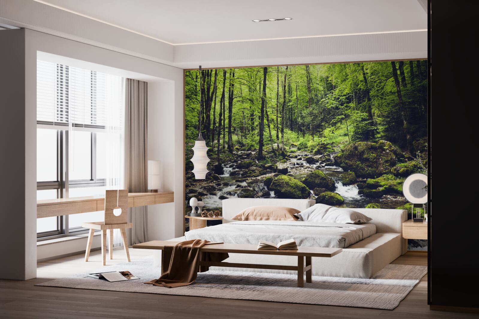 Papier peint cascade en montagne, entourée d'un bosquet verdoyant