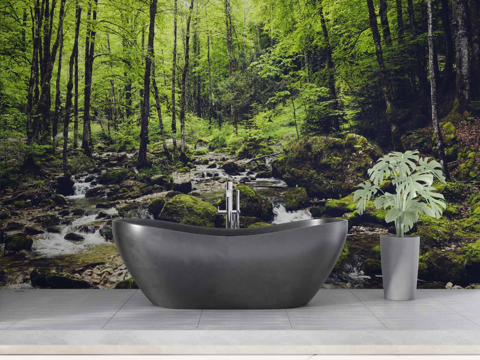 Papier peint cascade en montagne, entourée d'un bosquet verdoyant