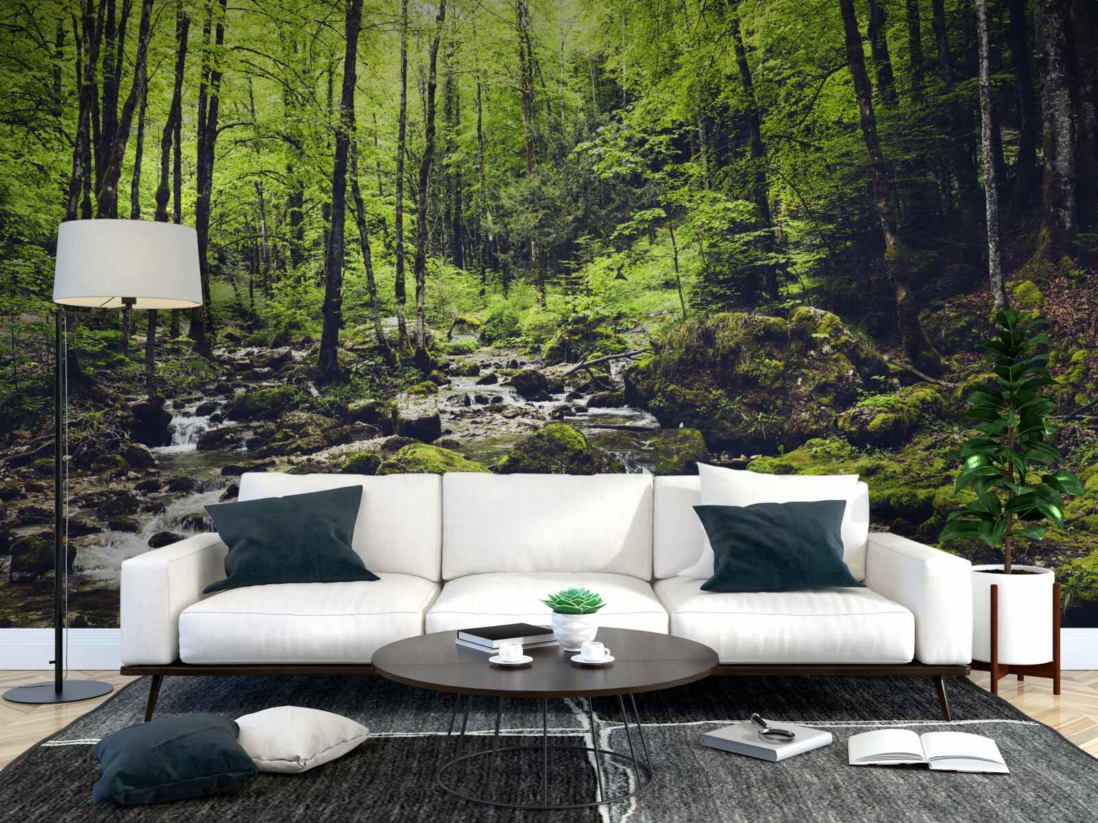 Papier peint cascade en montagne, entourée d'un bosquet verdoyant